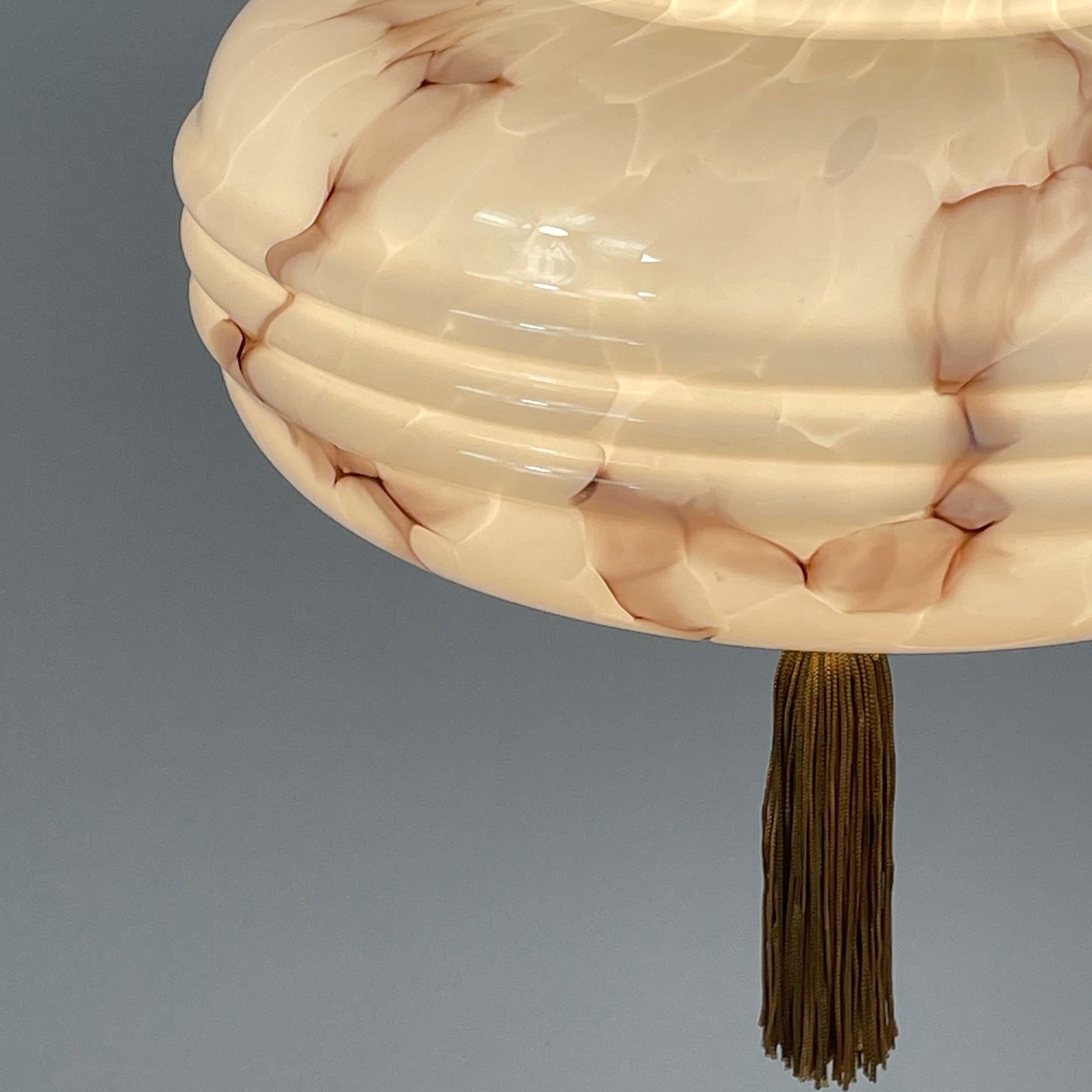 Marbled Pale Rose Opaline Glass & Brass Pendant with Tassel , Germany 1930s For Sale 7