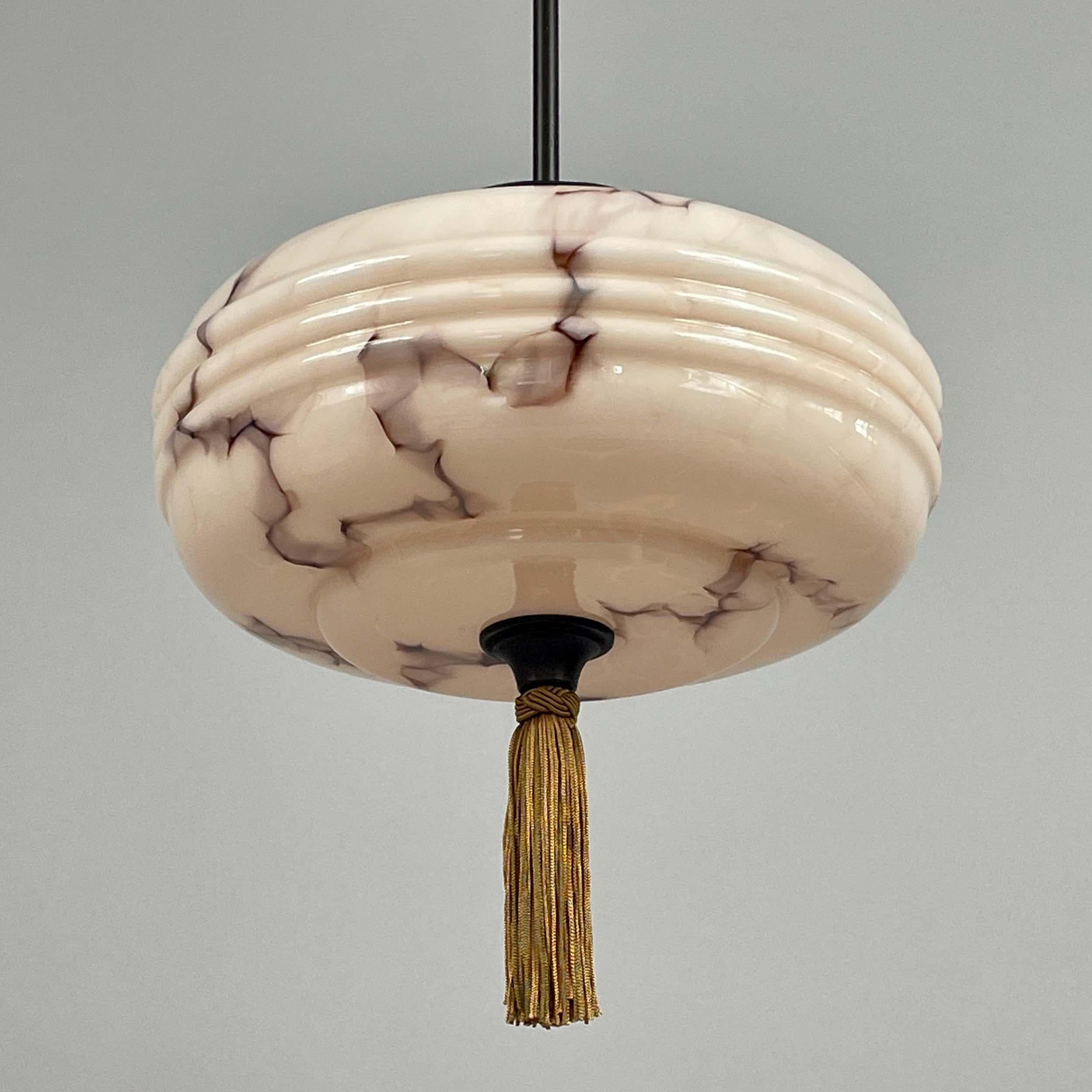 Marbled Pale Rose Opaline Glass & Brass Pendant with Tassel , Germany 1930s For Sale 8