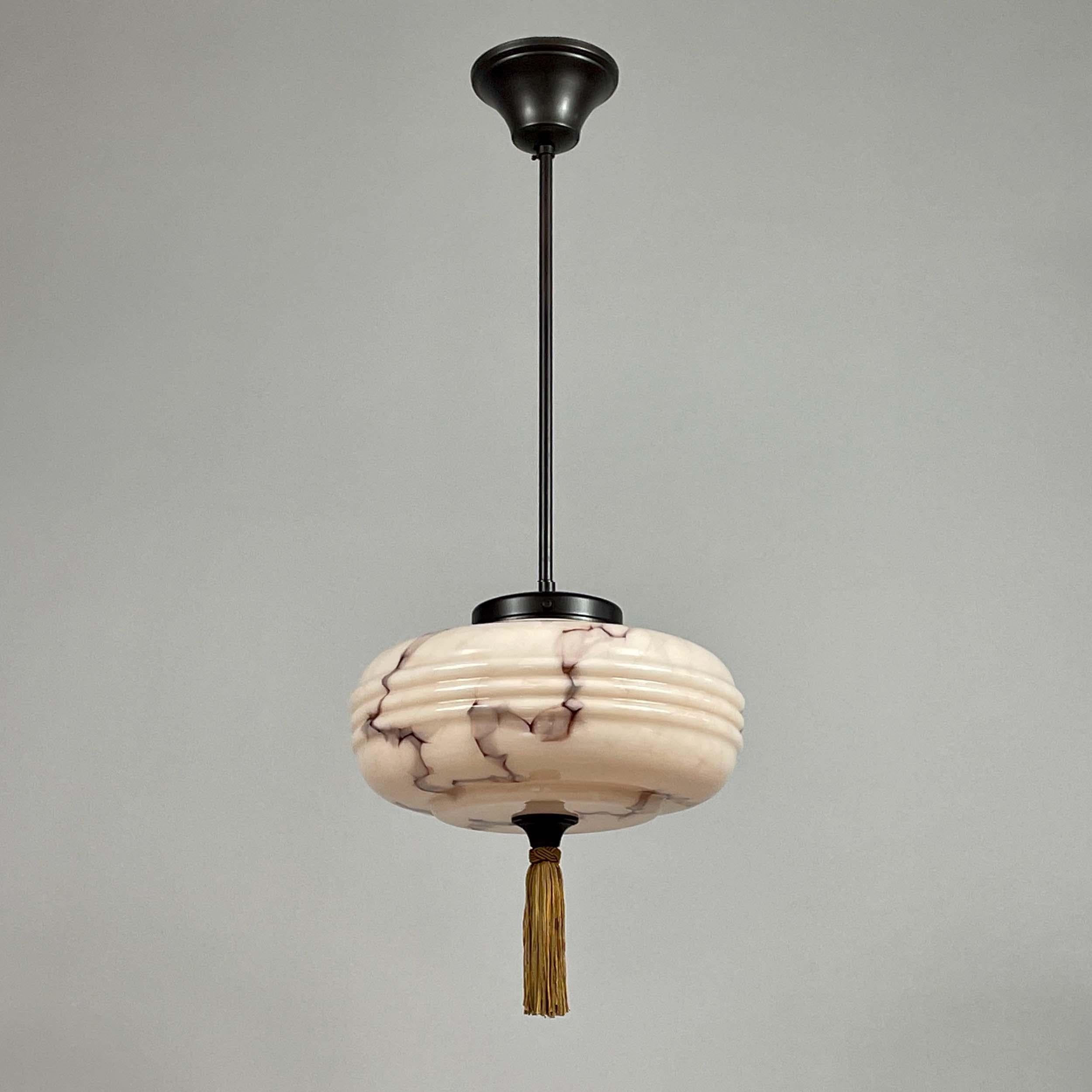 Marbled Pale Rose Opaline Glass & Brass Pendant with Tassel , Germany 1930s For Sale 9