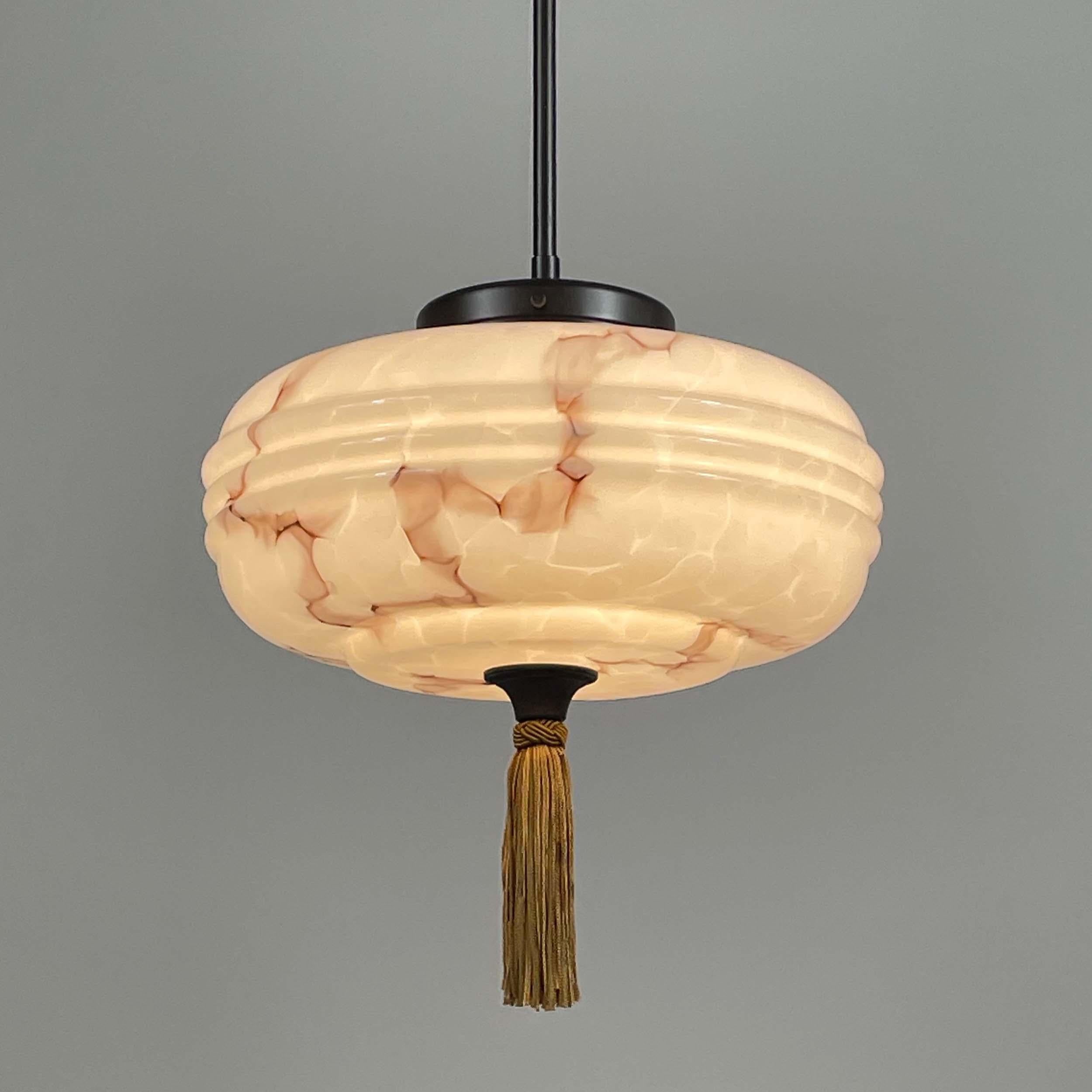 Marbled Pale Rose Opaline Glass & Brass Pendant with Tassel , Germany 1930s For Sale 11