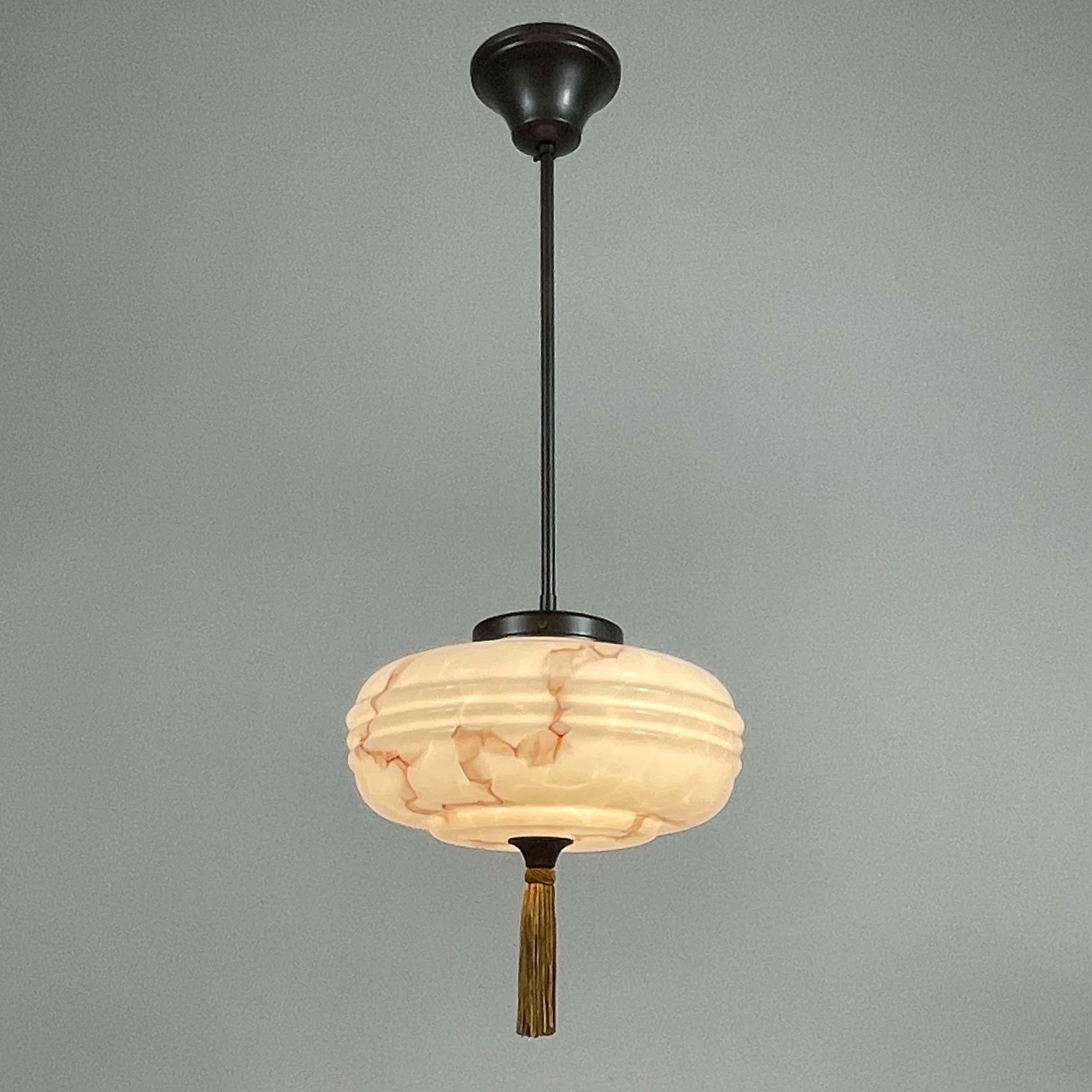 Marbled Pale Rose Opaline Glass & Brass Pendant with Tassel , Germany 1930s For Sale 12