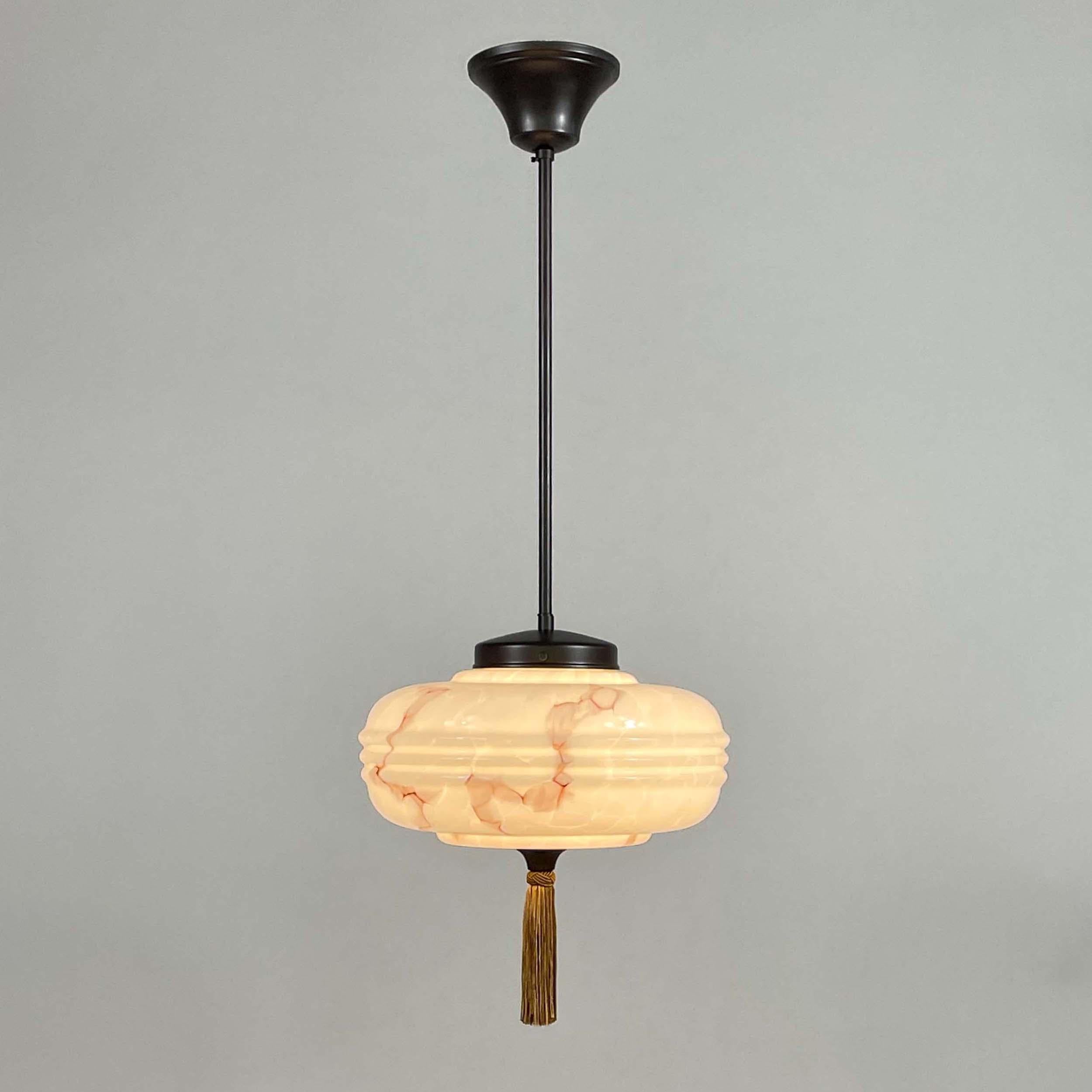 Art Deco Marbled Pale Rose Opaline Glass & Brass Pendant with Tassel , Germany 1930s For Sale