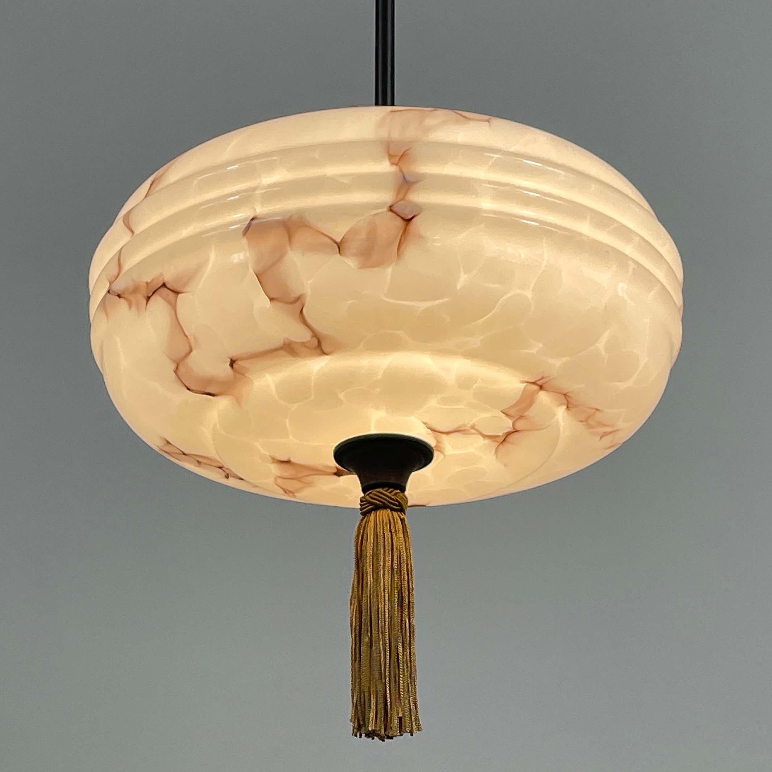 Mid-20th Century Marbled Pale Rose Opaline Glass & Brass Pendant with Tassel , Germany 1930s For Sale