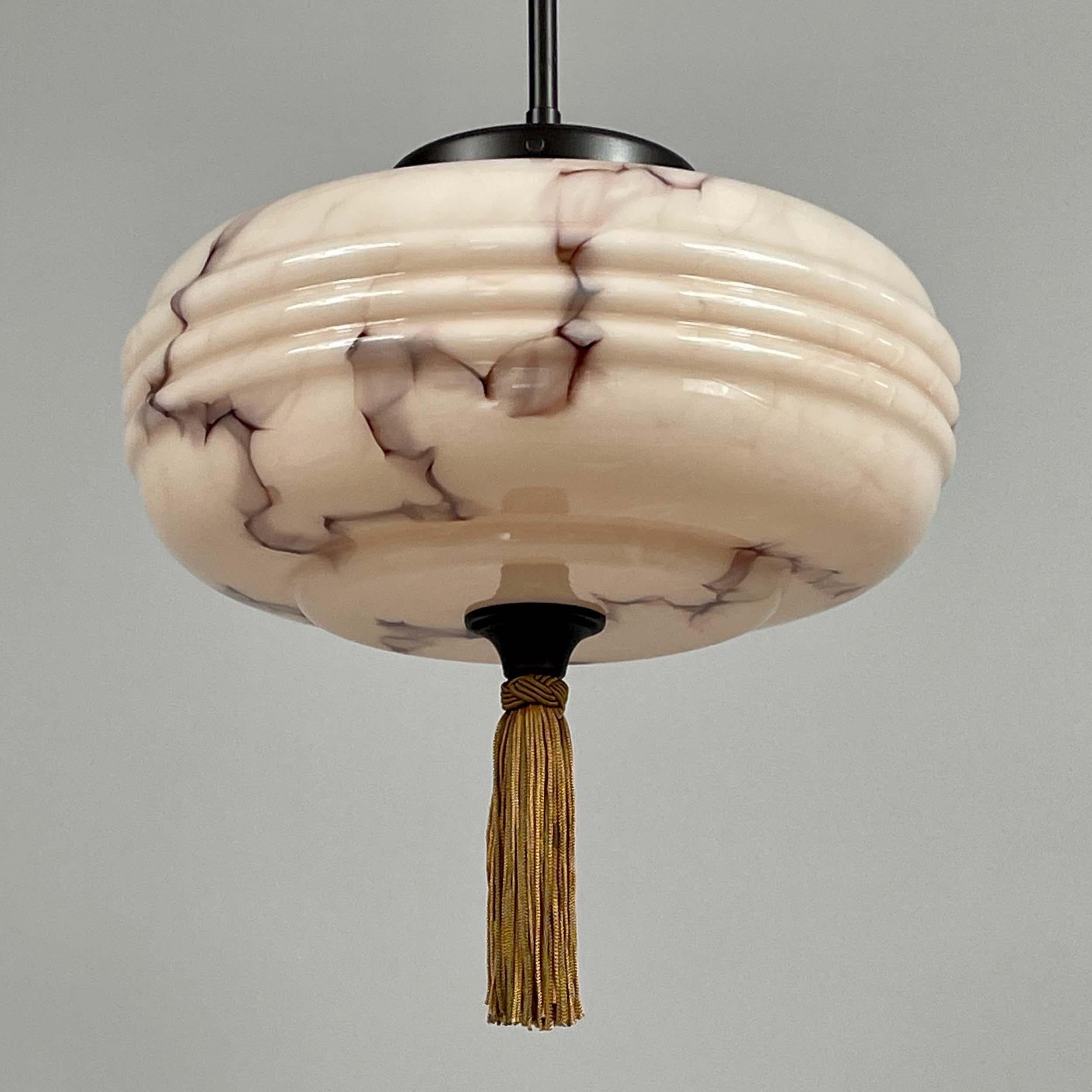 Marbled Pale Rose Opaline Glass & Brass Pendant with Tassel , Germany 1930s For Sale 1