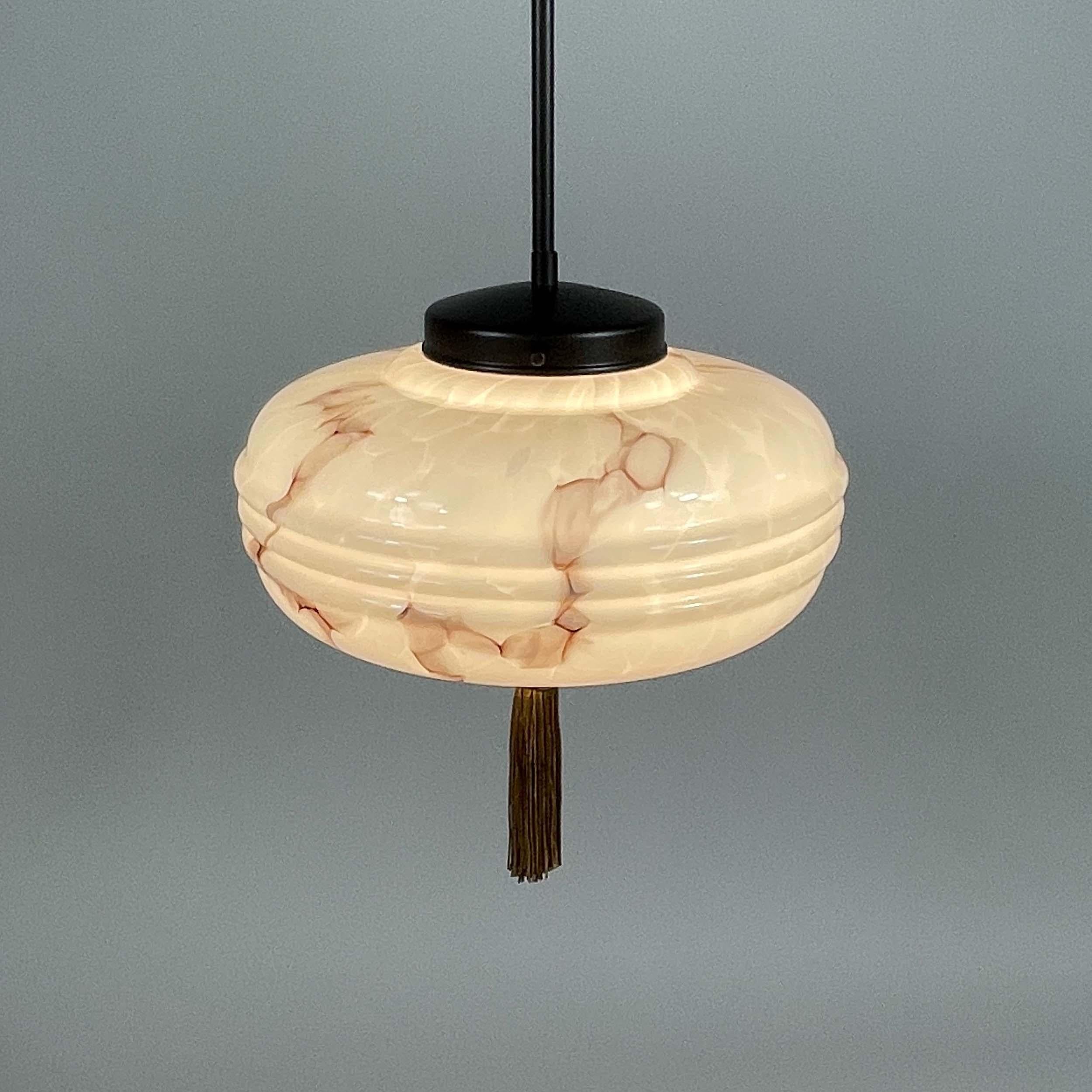 Marbled Pale Rose Opaline Glass & Brass Pendant with Tassel , Germany 1930s For Sale 3
