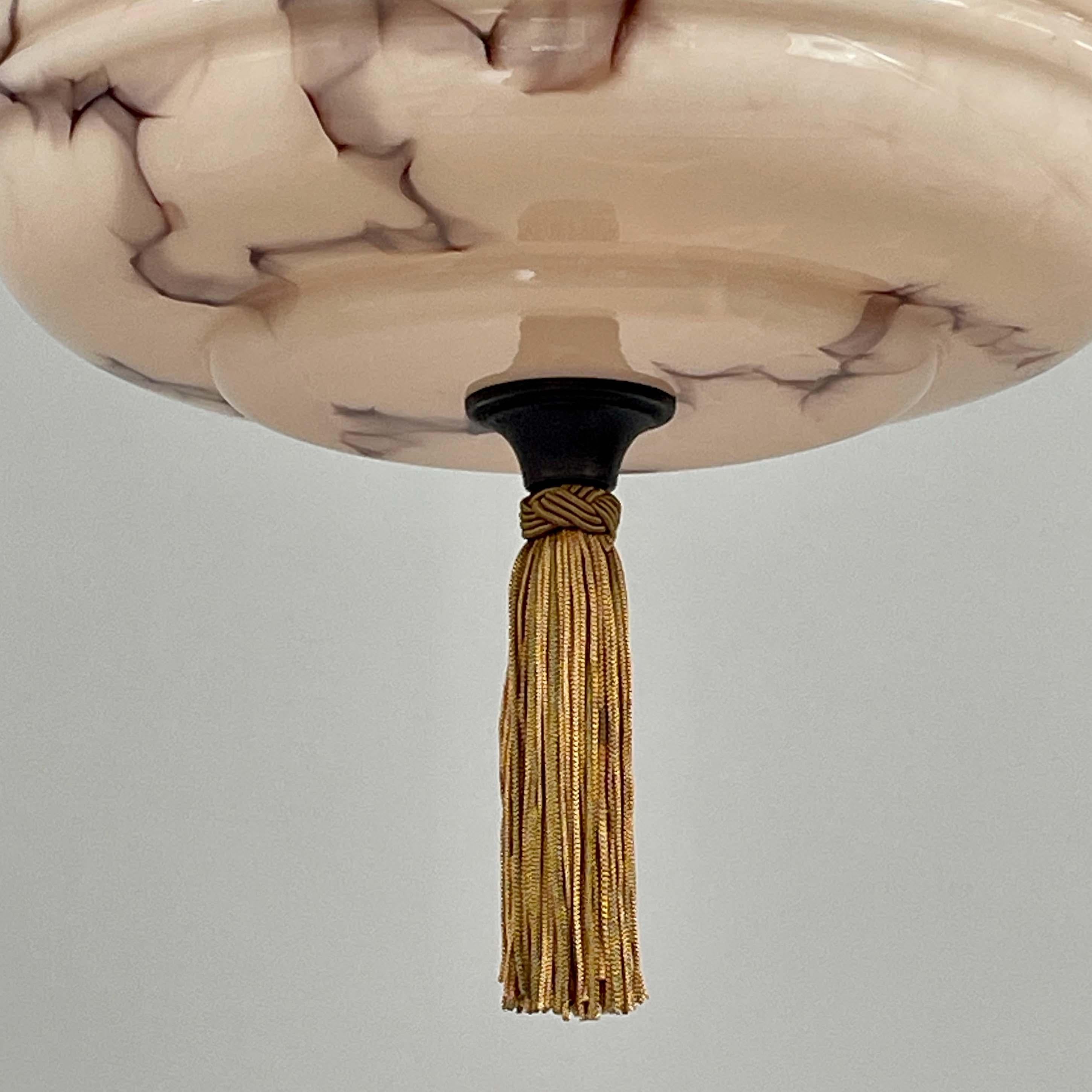 Marbled Pale Rose Opaline Glass & Brass Pendant with Tassel , Germany 1930s For Sale 4