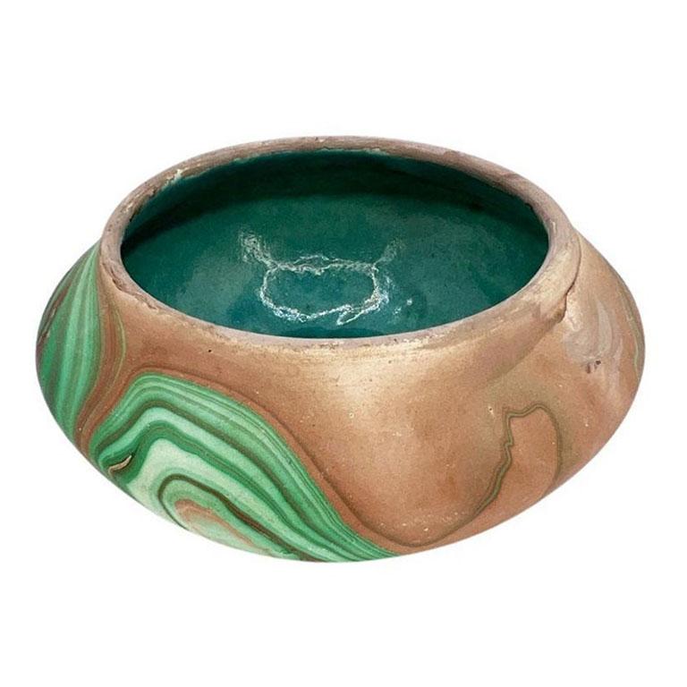 Folk Art Marbled Roadside Pottery Malachite Look Bowl in with Glazed Turquoise Interior For Sale