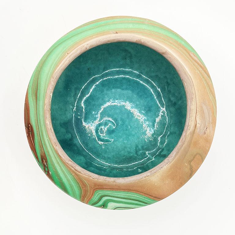 American Marbled Roadside Pottery Malachite Look Bowl in with Glazed Turquoise Interior For Sale