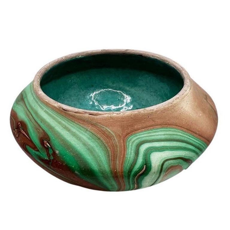 Ceramic Marbled Roadside Pottery Malachite Look Bowl in with Glazed Turquoise Interior For Sale