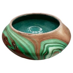 Vintage Marbled Roadside Pottery Malachite Look Bowl in with Glazed Turquoise Interior