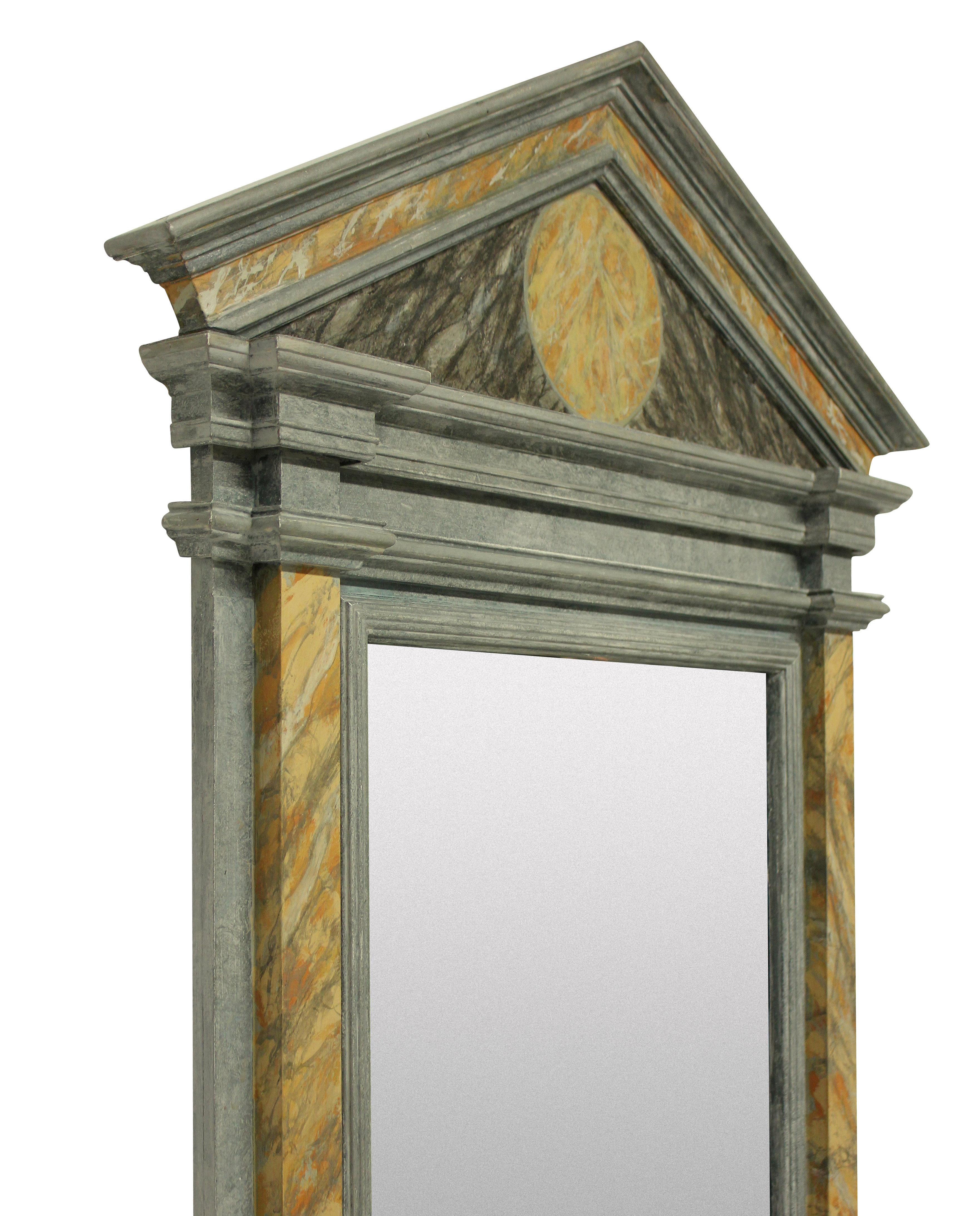 An English marbled architectural Roman style mirror, with faux Sienna and grey marbling and a bevelled mirror plate.