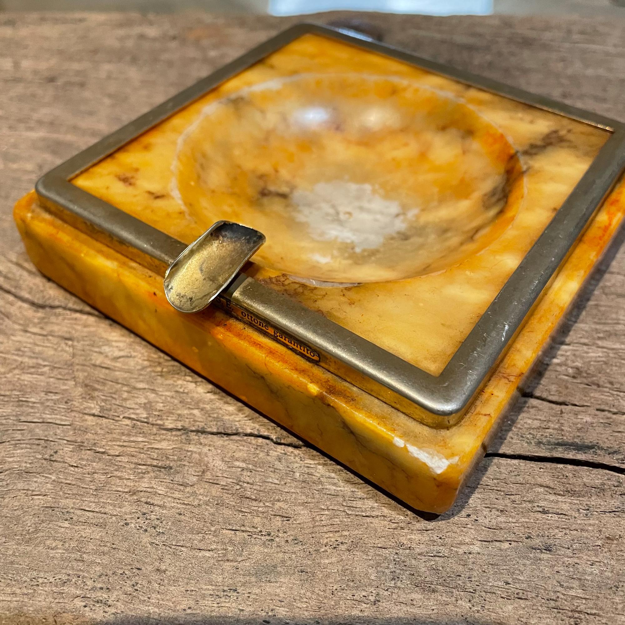 Marbled Stone & Brass Trimmed Square Ashtray Mexico Modernism 1970s Hipster 1