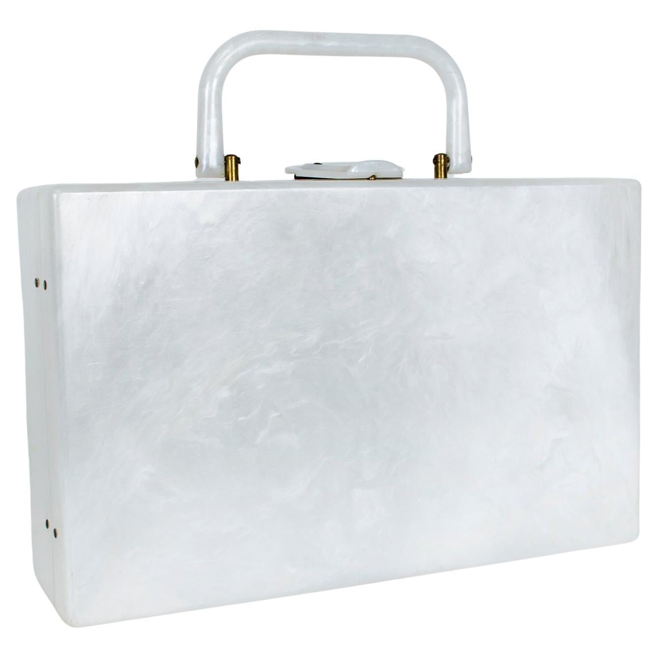 Marbled White Mother of Pearl Lucite Briefcase Novelty Box Purse, 1950s For Sale