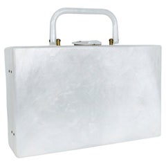 Retro Marbled White Mother of Pearl Lucite Briefcase Novelty Box Purse, 1950s