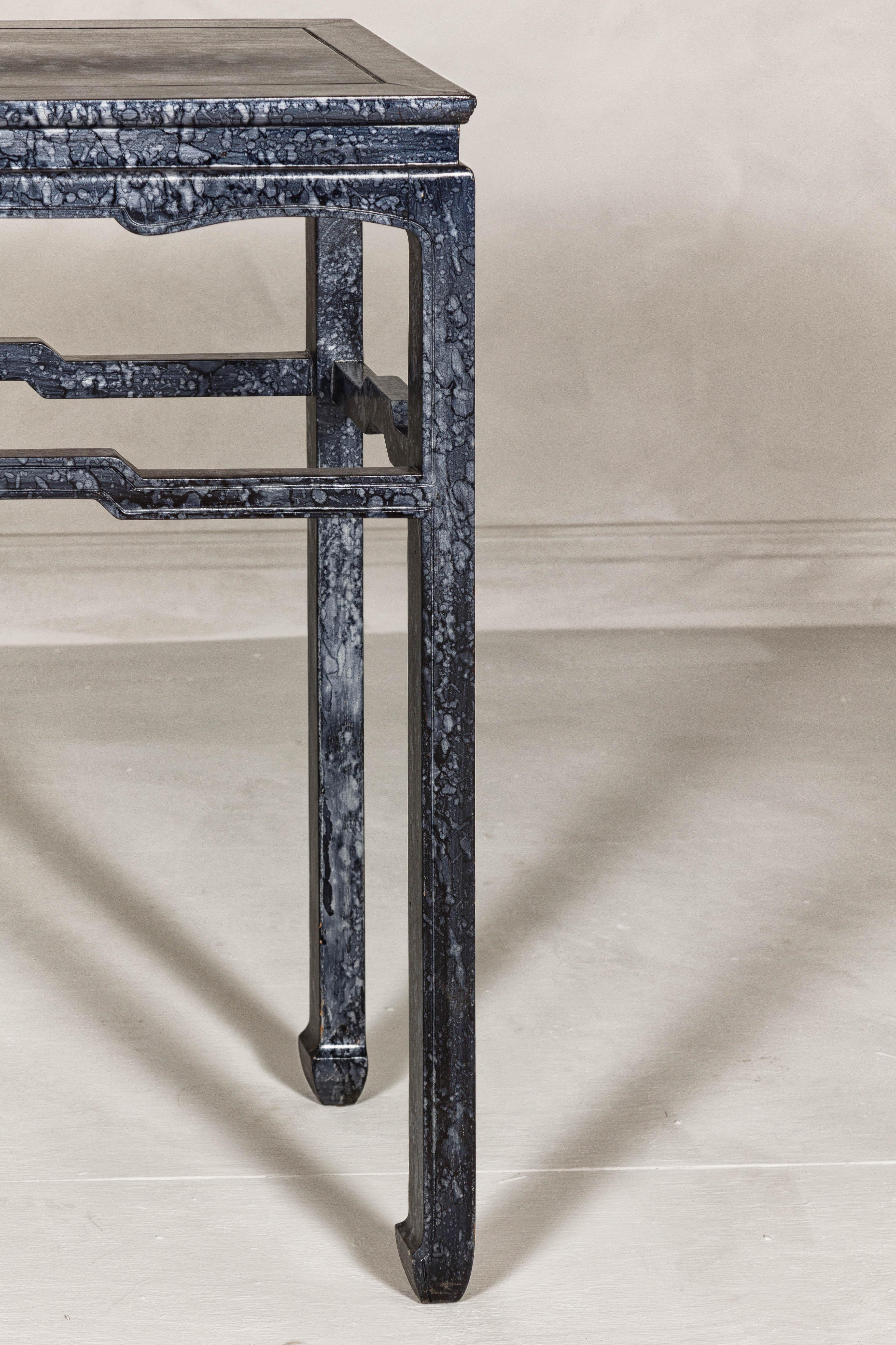 Marbleized Console Table with Silver and Black Finish and Humpback Stretcher For Sale 4