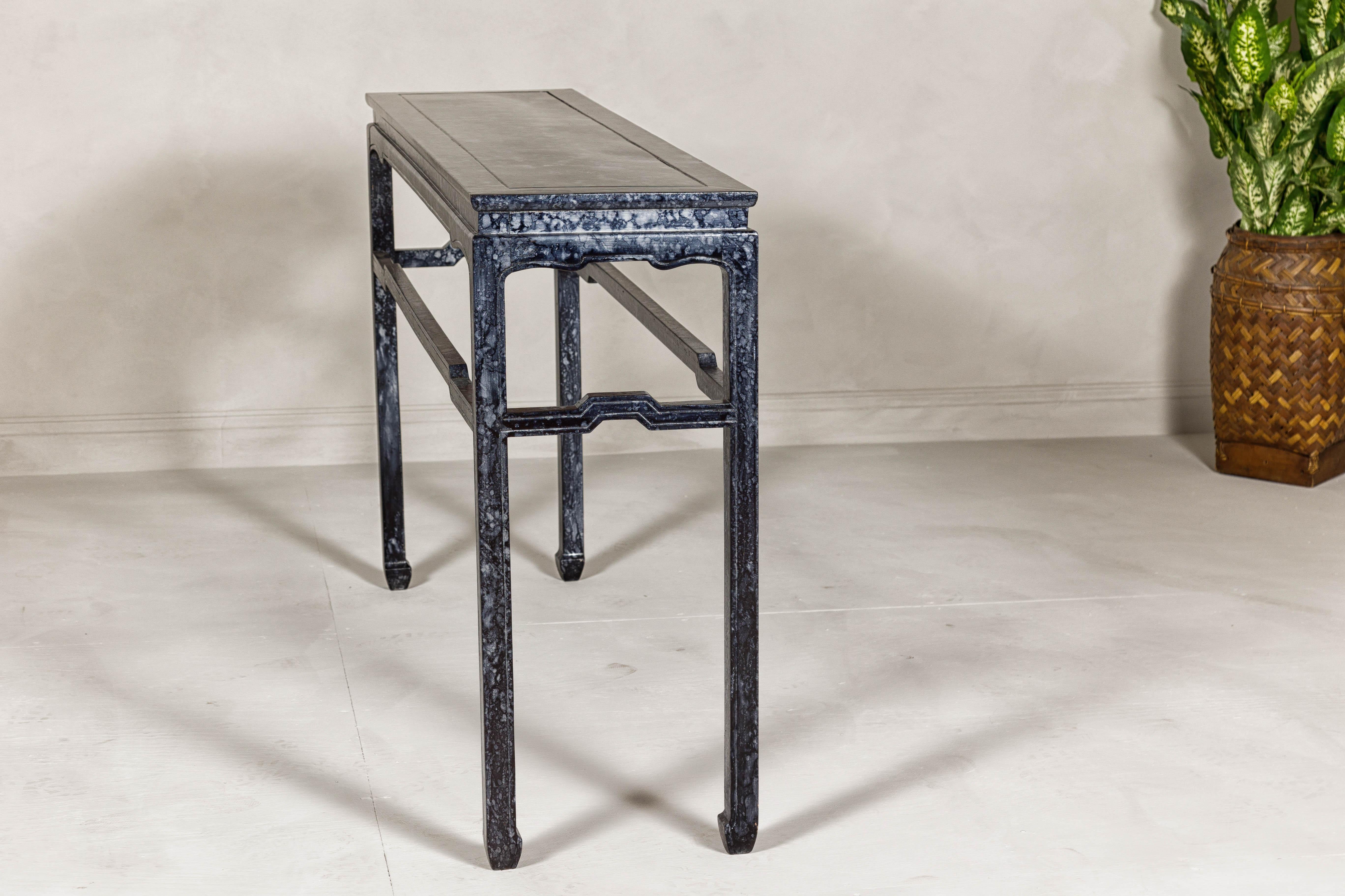 Marbleized Console Table with Silver and Black Finish and Humpback Stretcher For Sale 5