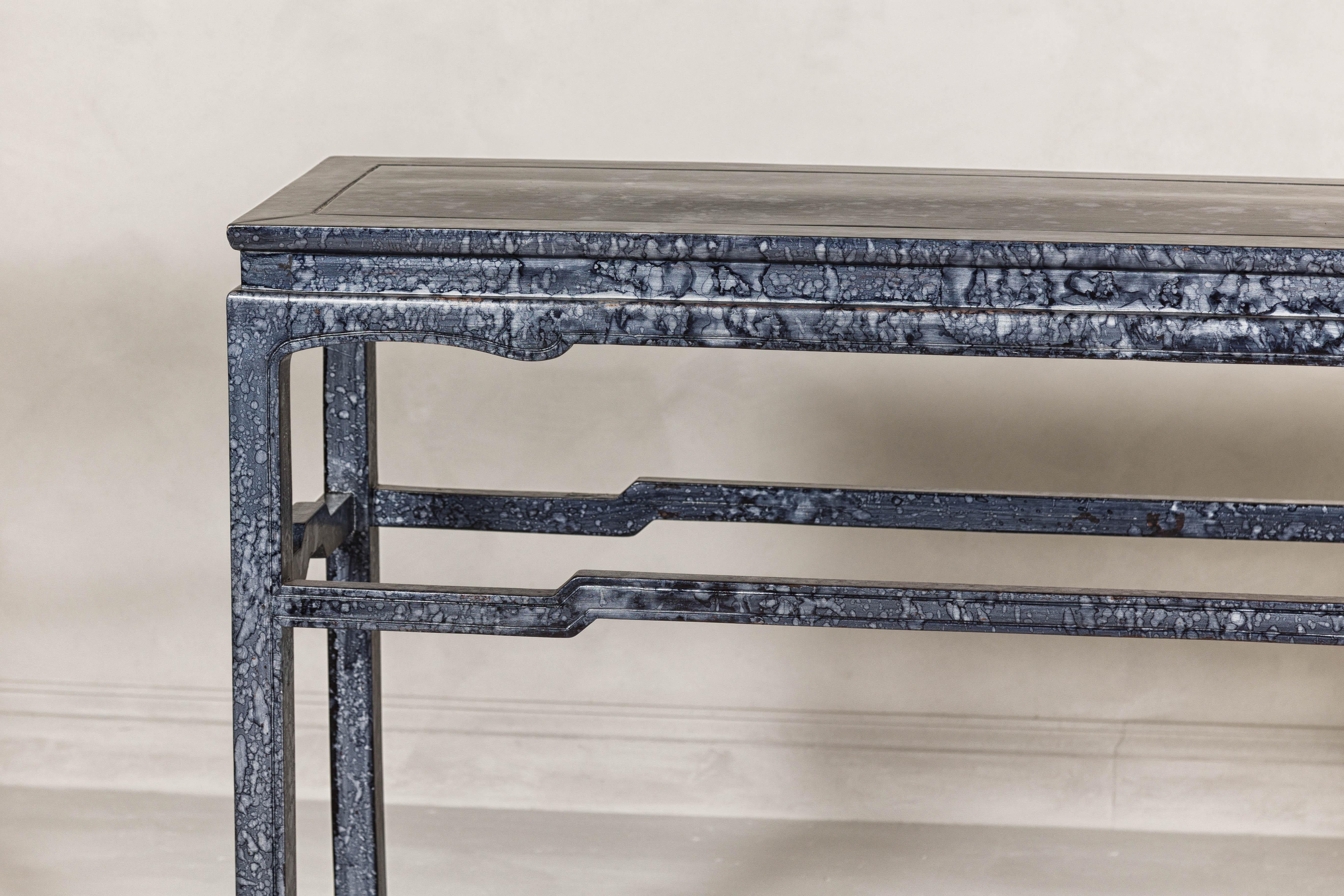 Marbleized Console Table with Silver and Black Finish and Humpback Stretcher For Sale 6