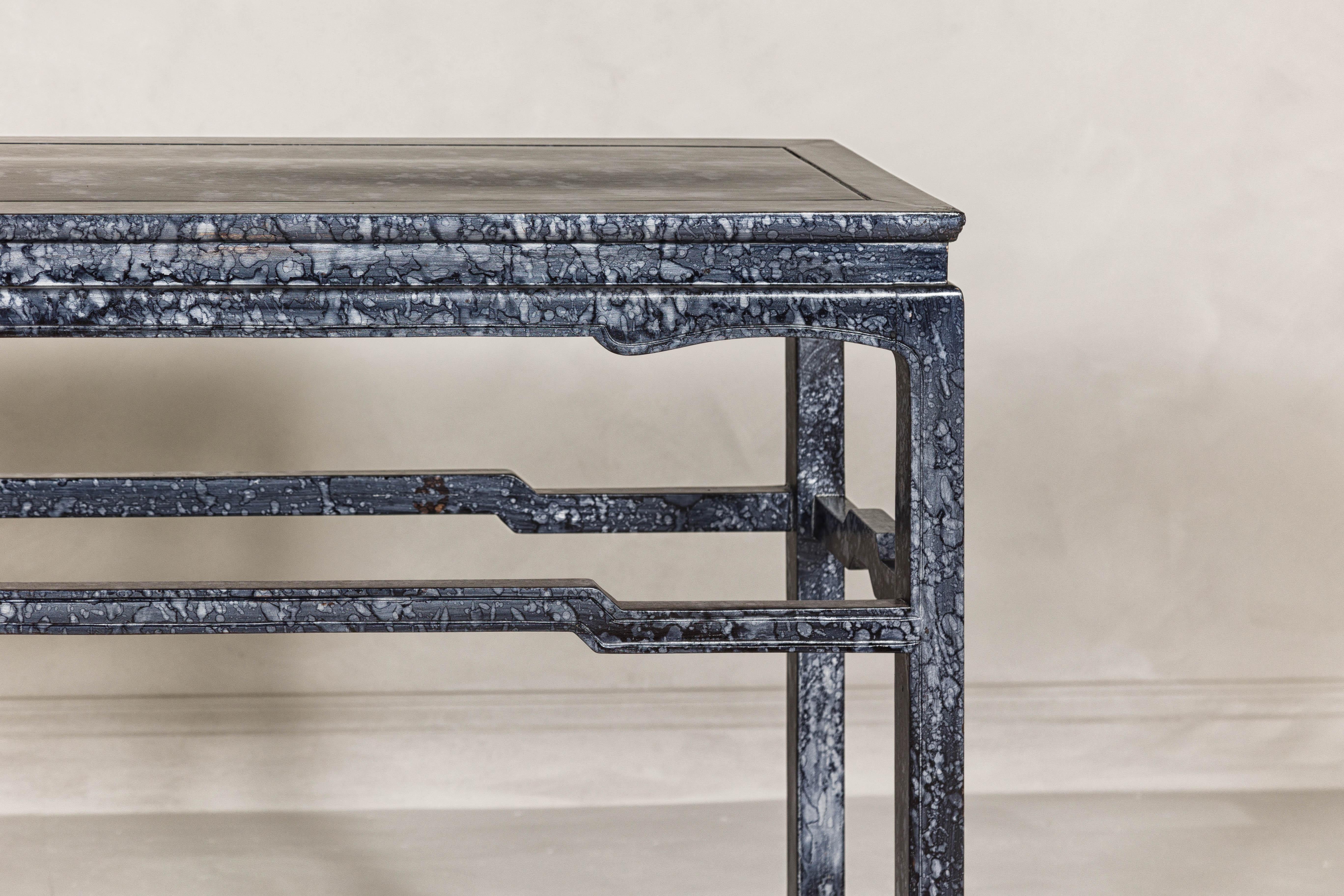Marbleized Console Table with Silver and Black Finish and Humpback Stretcher For Sale 7