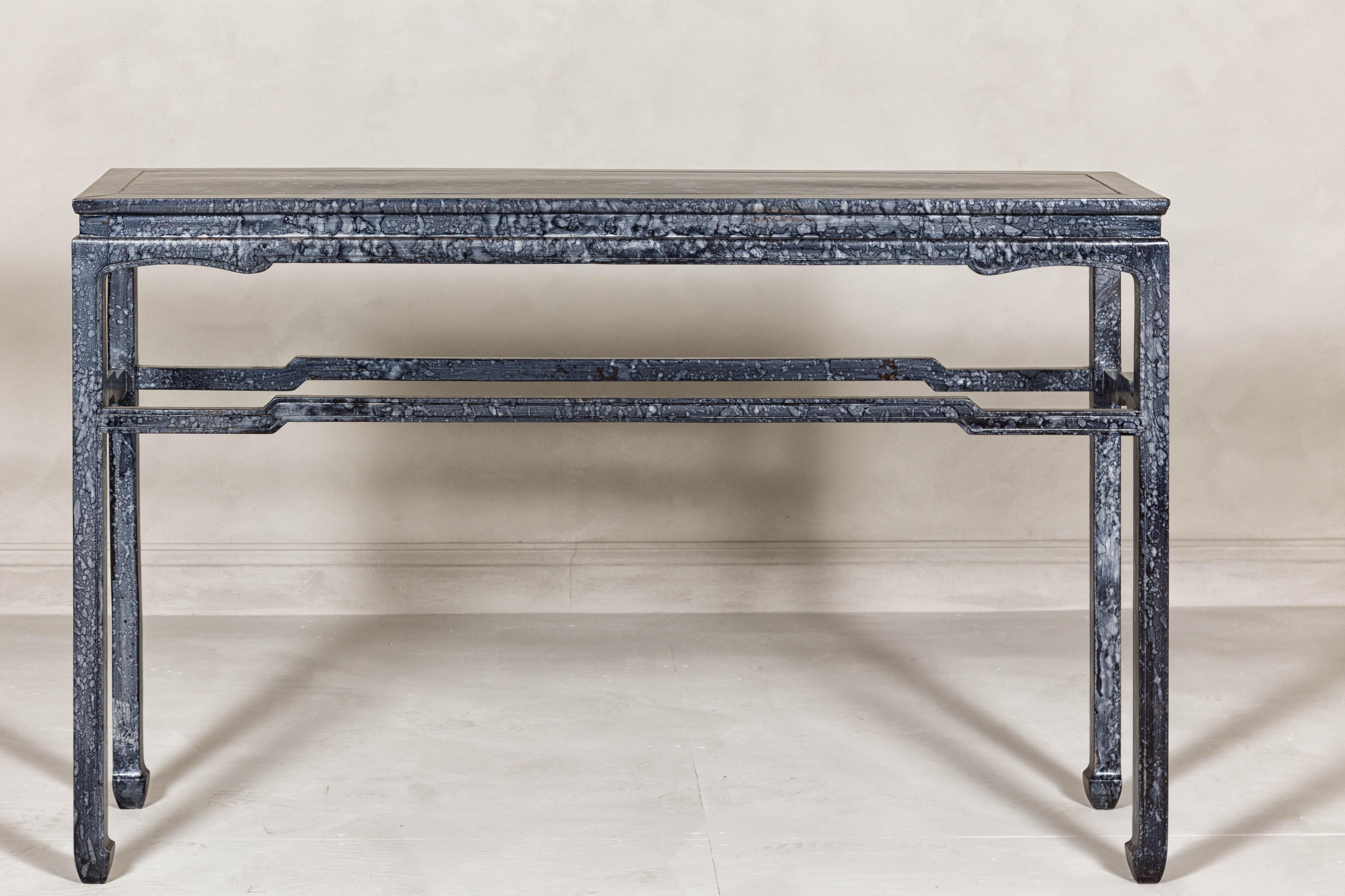 Marbleized Console Table with Silver and Black Finish and Humpback Stretcher For Sale 8
