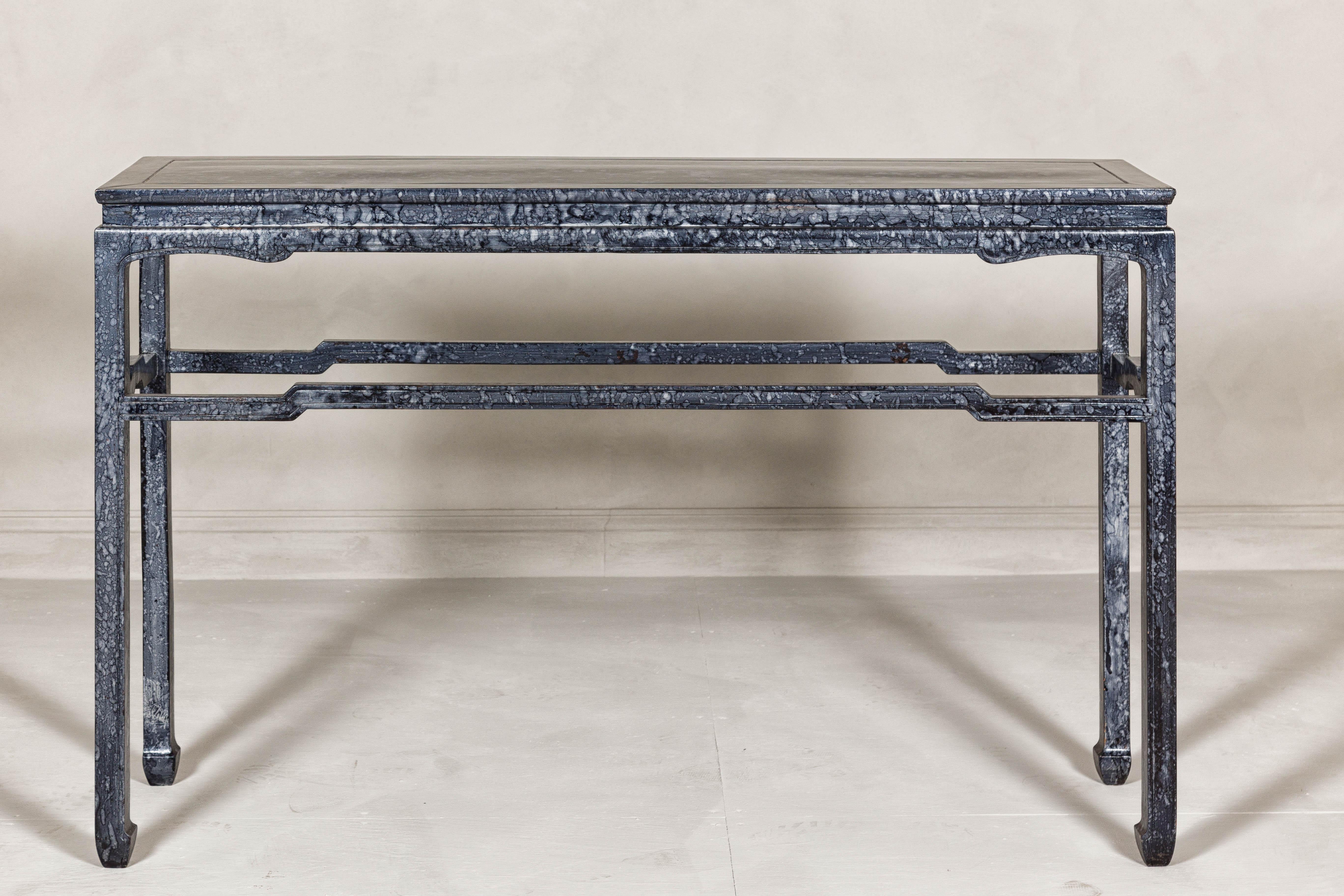 Marbleized Console Table with Silver and Black Finish and Humpback Stretcher For Sale 9