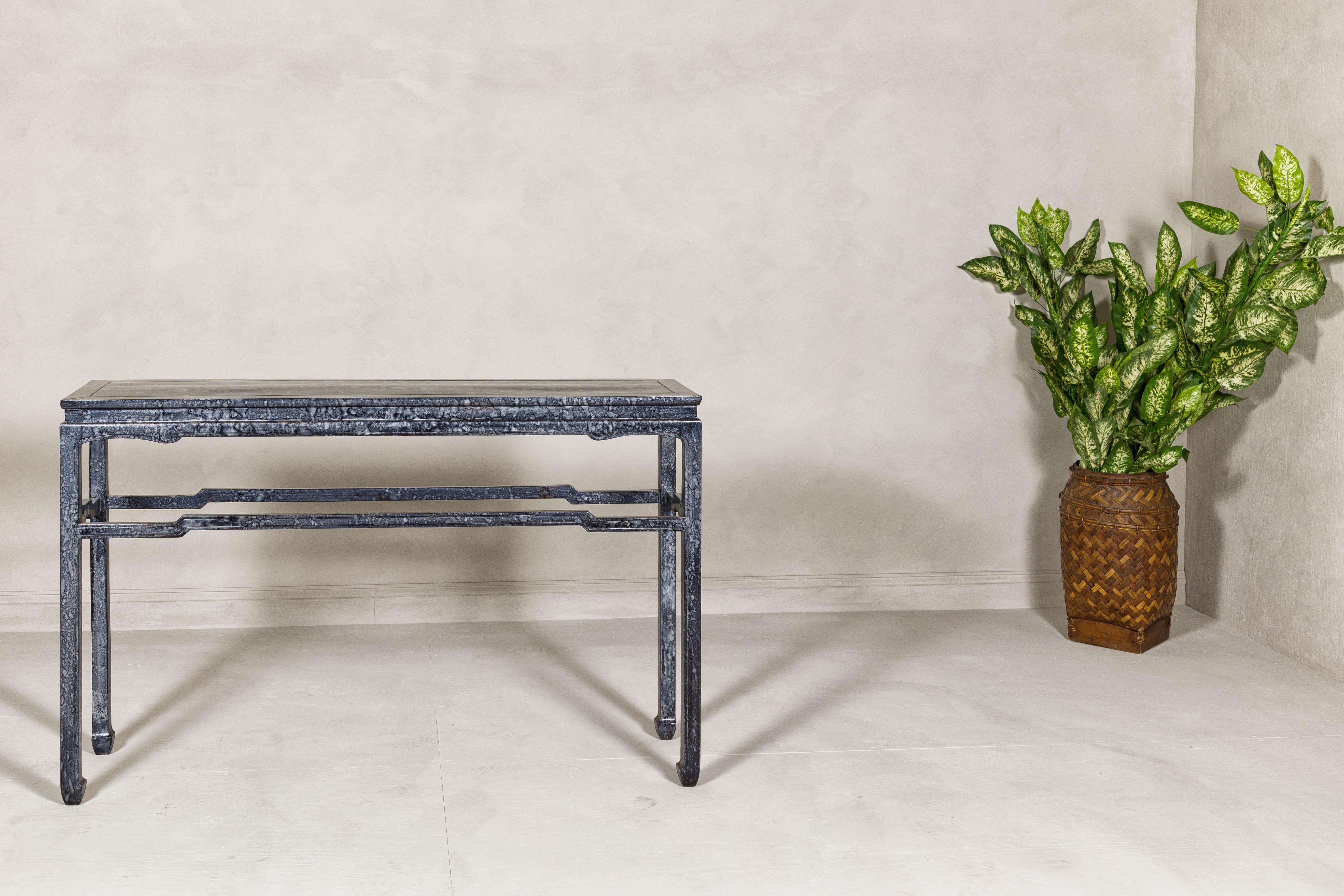 Marbleized Console Table with Silver and Black Finish and Humpback Stretcher For Sale 10