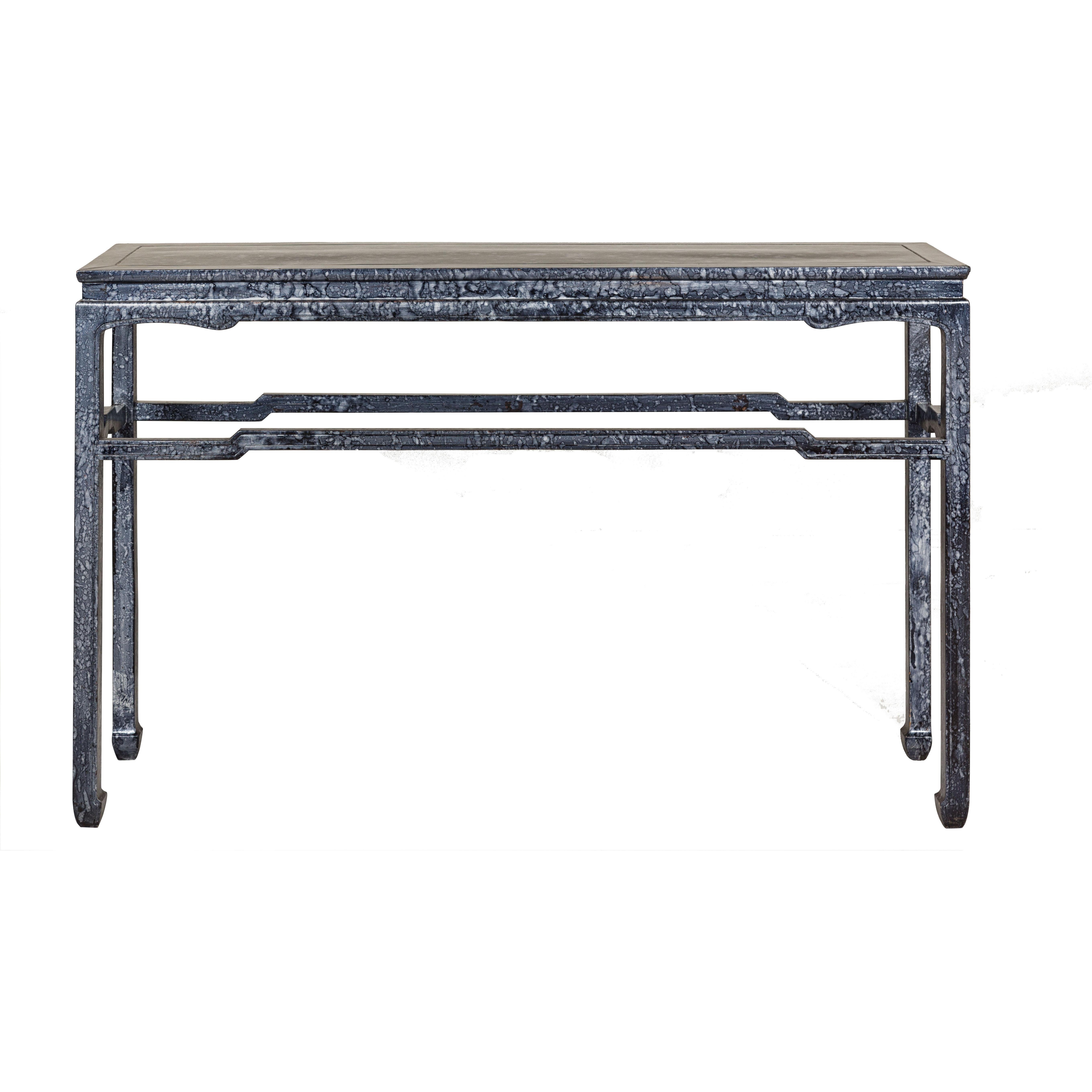 Marbleized Console Table with Silver and Black Finish and Humpback Stretcher For Sale 11