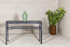 Marbleized Console Table with Silver and Black Finish and Humpback Stretcher