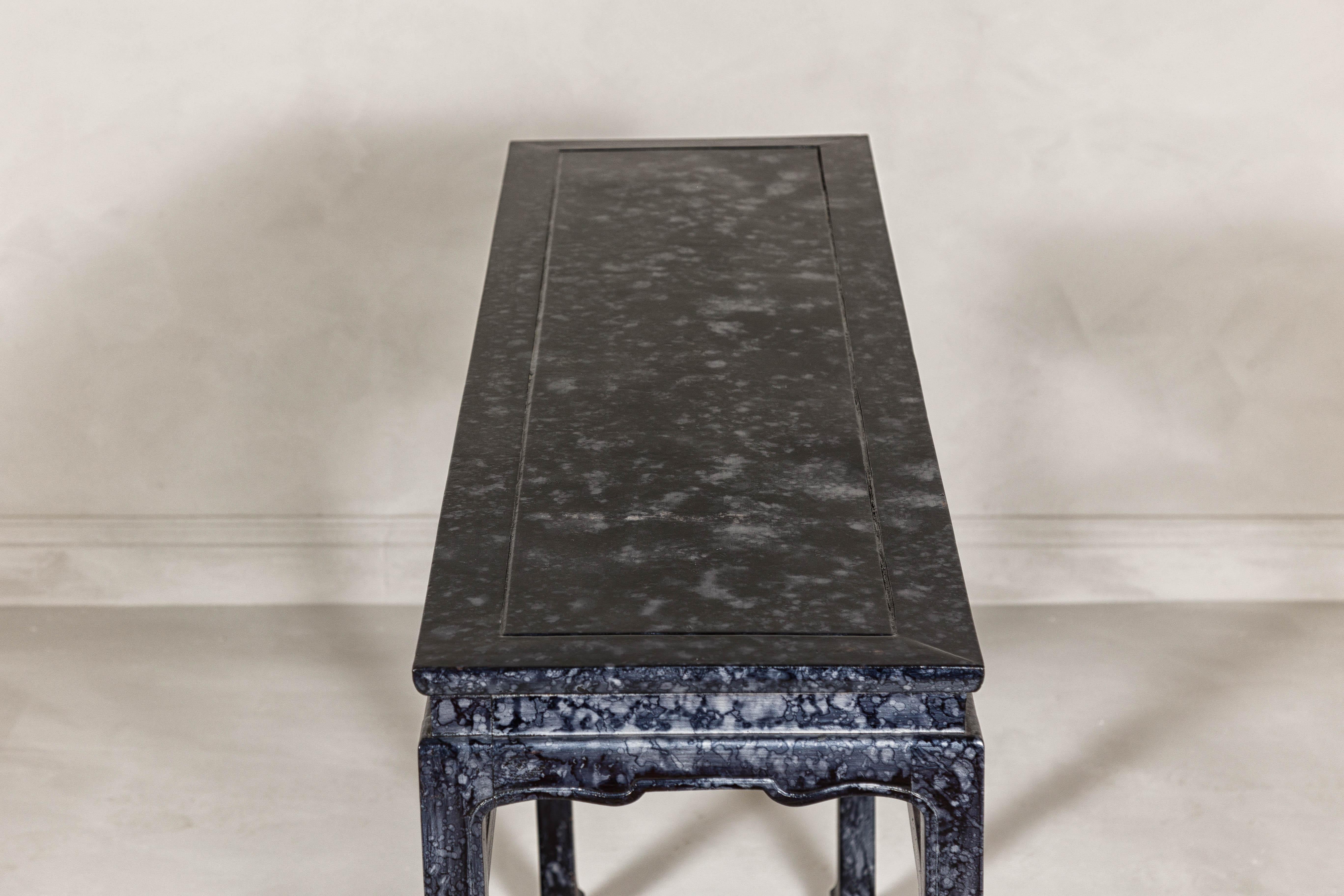 Marbleized Console Table with Silver and Black Finish and Humpback Stretcher In Good Condition For Sale In Yonkers, NY