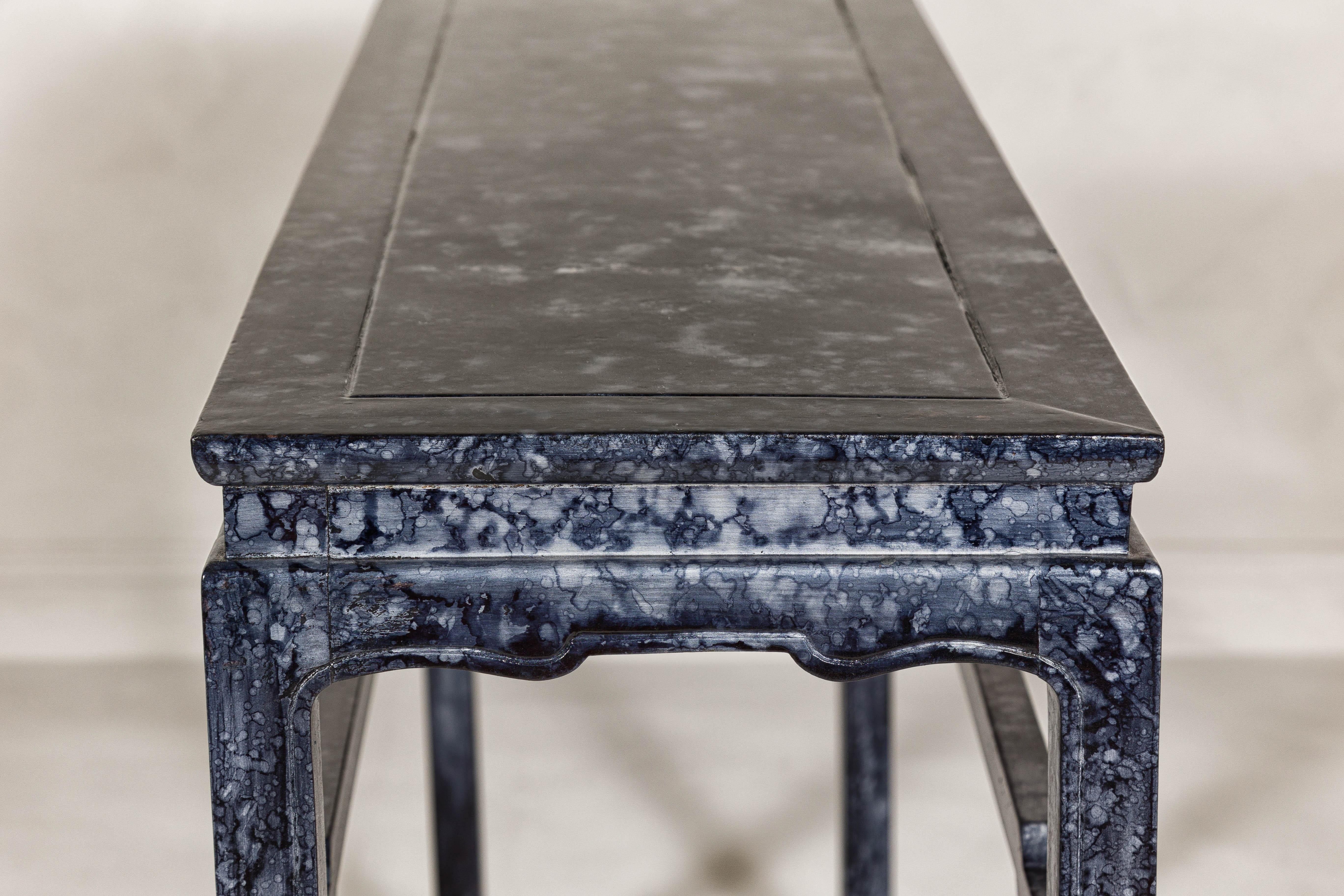 20th Century Marbleized Console Table with Silver and Black Finish and Humpback Stretcher For Sale
