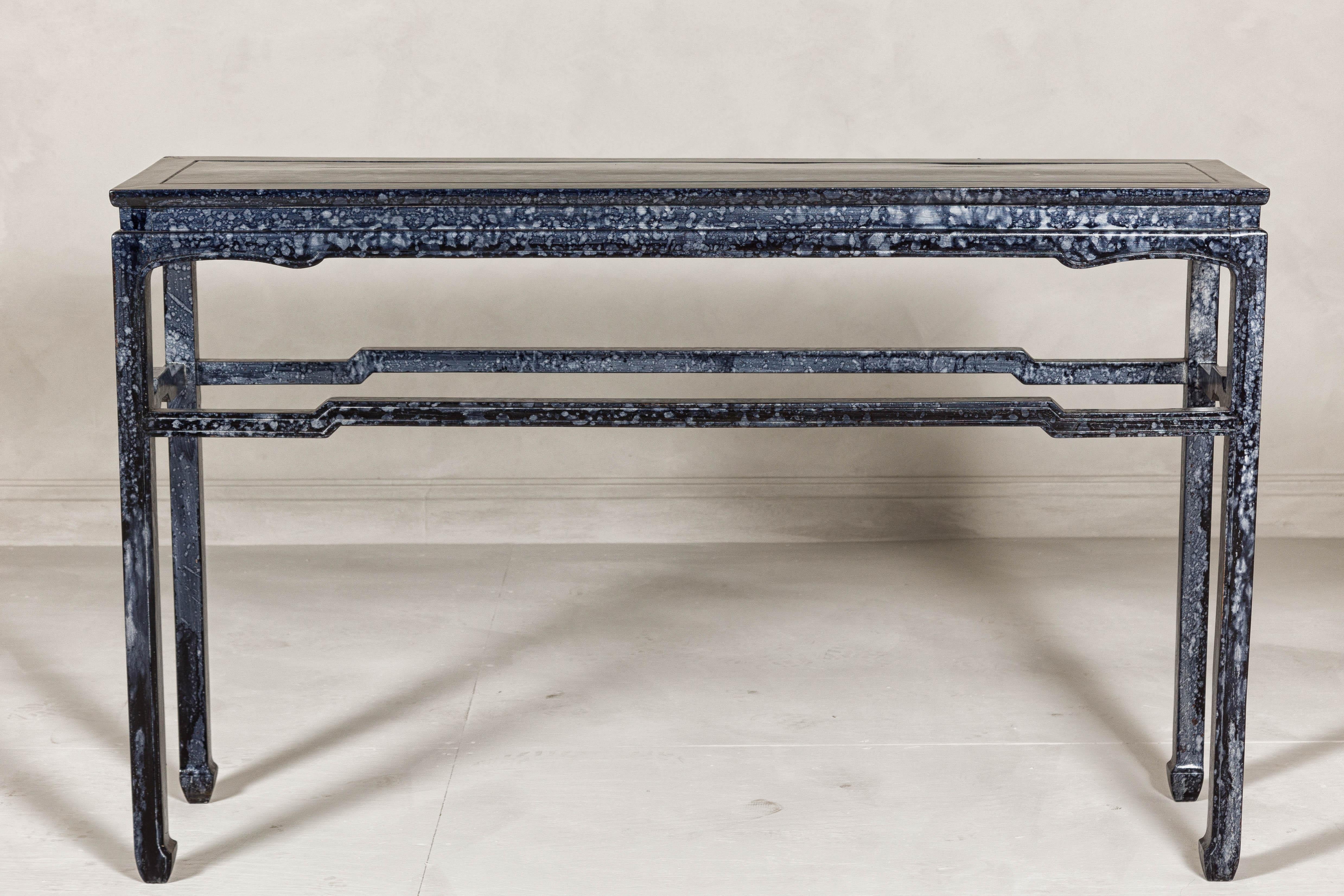 Wood Marbleized Console Table with Silver and Black Finish and Humpback Stretcher For Sale
