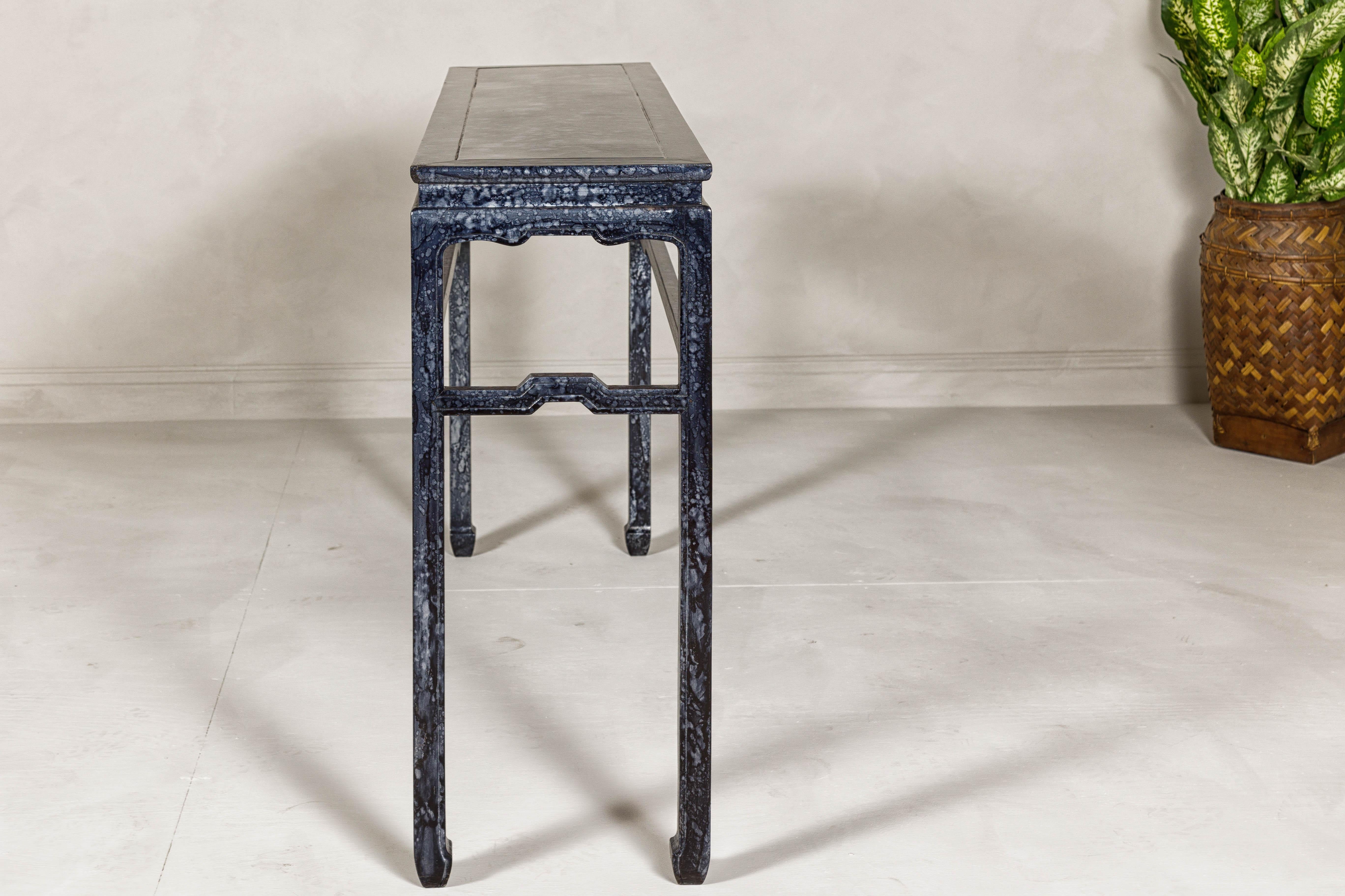 Marbleized Console Table with Silver and Black Finish and Humpback Stretcher For Sale 1