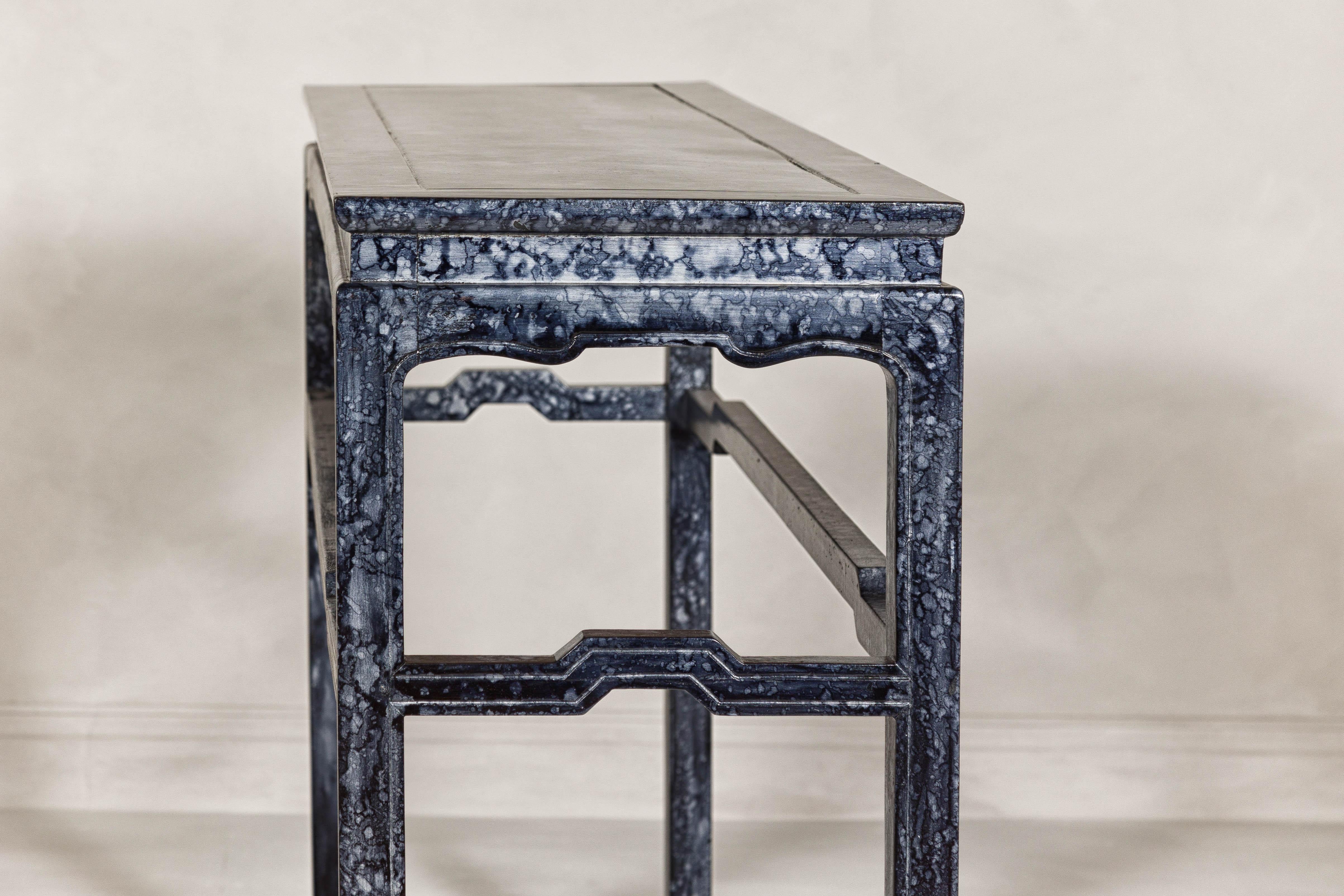Marbleized Console Table with Silver and Black Finish and Humpback Stretcher For Sale 2