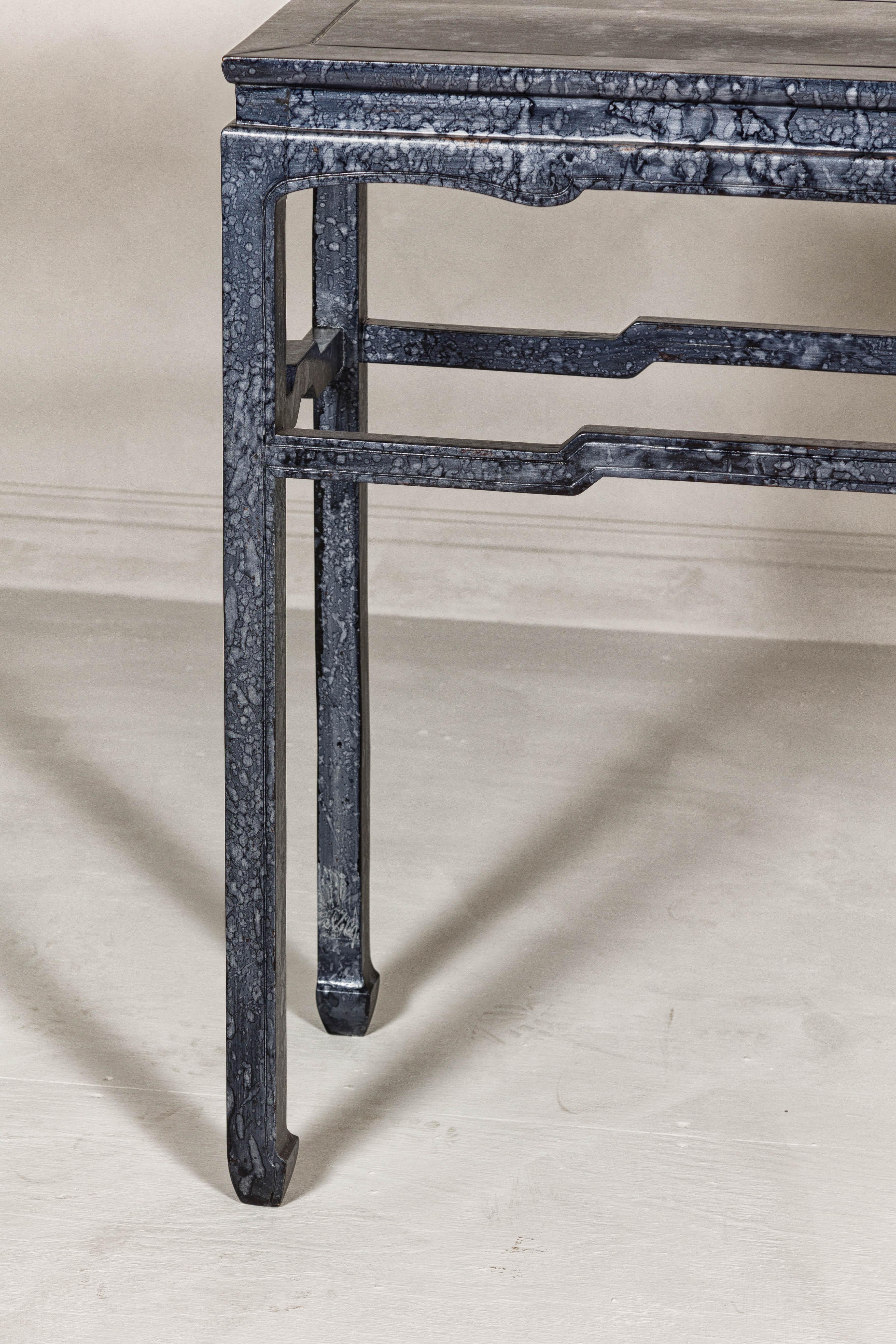 Marbleized Console Table with Silver and Black Finish and Humpback Stretcher For Sale 3