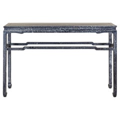 Marbleized Console Table with Silver and Black Finish and Humpback Stretcher