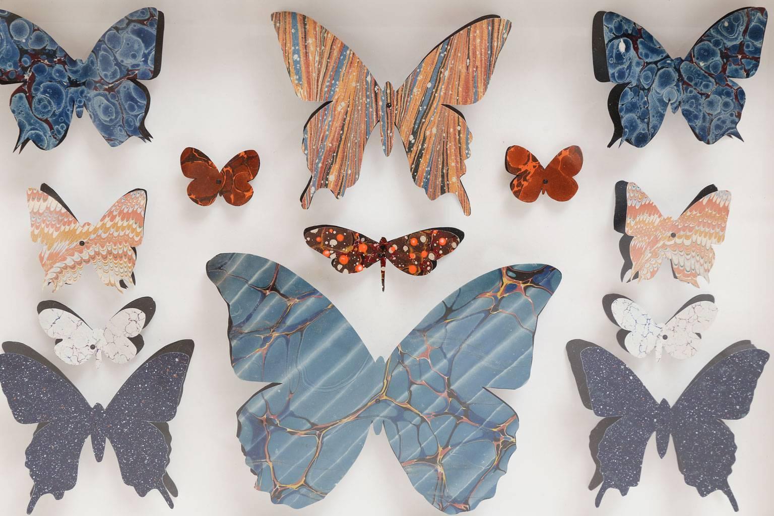 Marbleized paper butterfly box: marbleized end paper of various designs and colors, from antique books, cut into butterfly shapes and pinned as specimen within a gilt framed shadowbox.