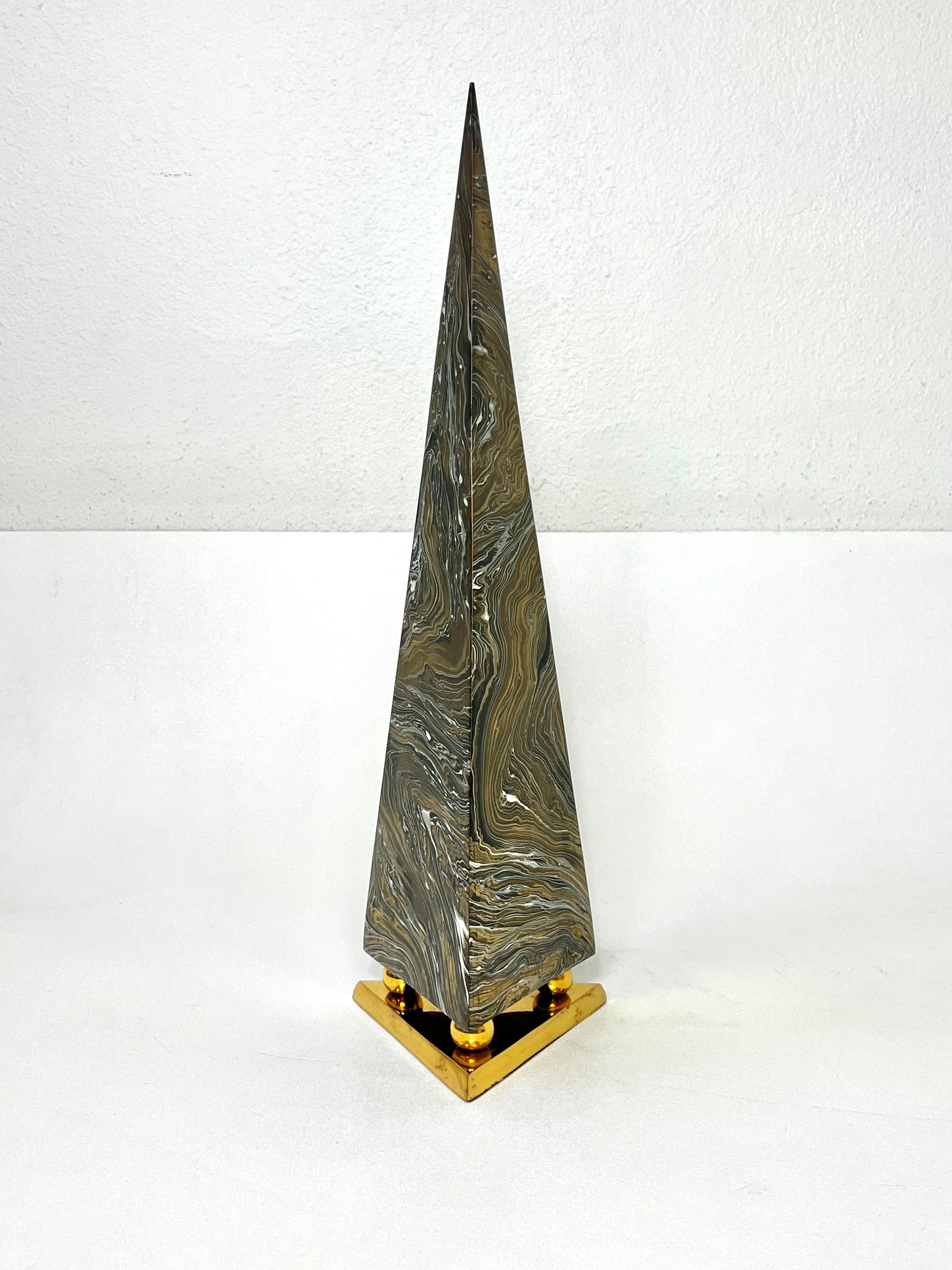 Late 20th Century Marblelized Brass Pyramid Obelisk by Maitland Smith For Sale