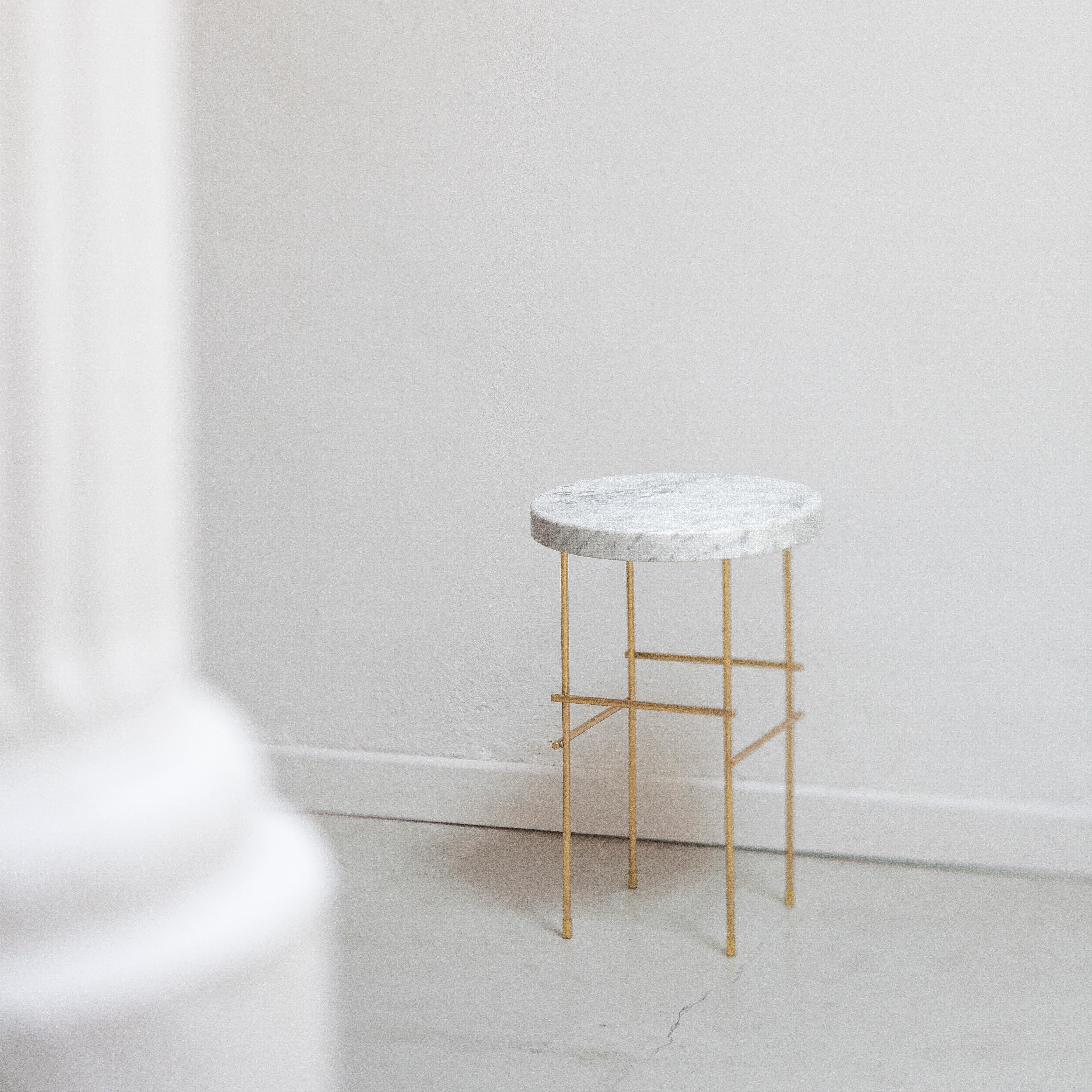 Contemporary “Marblelous Brass Pedestal” White Carrara Marble Minimalist Side Table For Sale