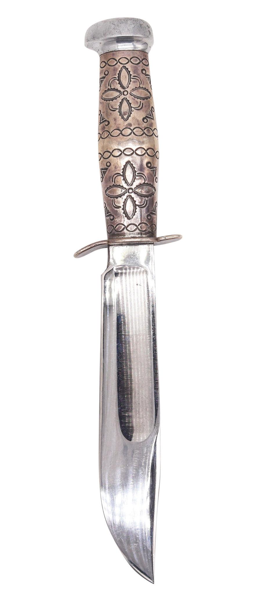 Nativo americano MARBLE'S Antico Coltello da caccia ideale occidentale Navajo .925 Manico in argento sterling in vendita