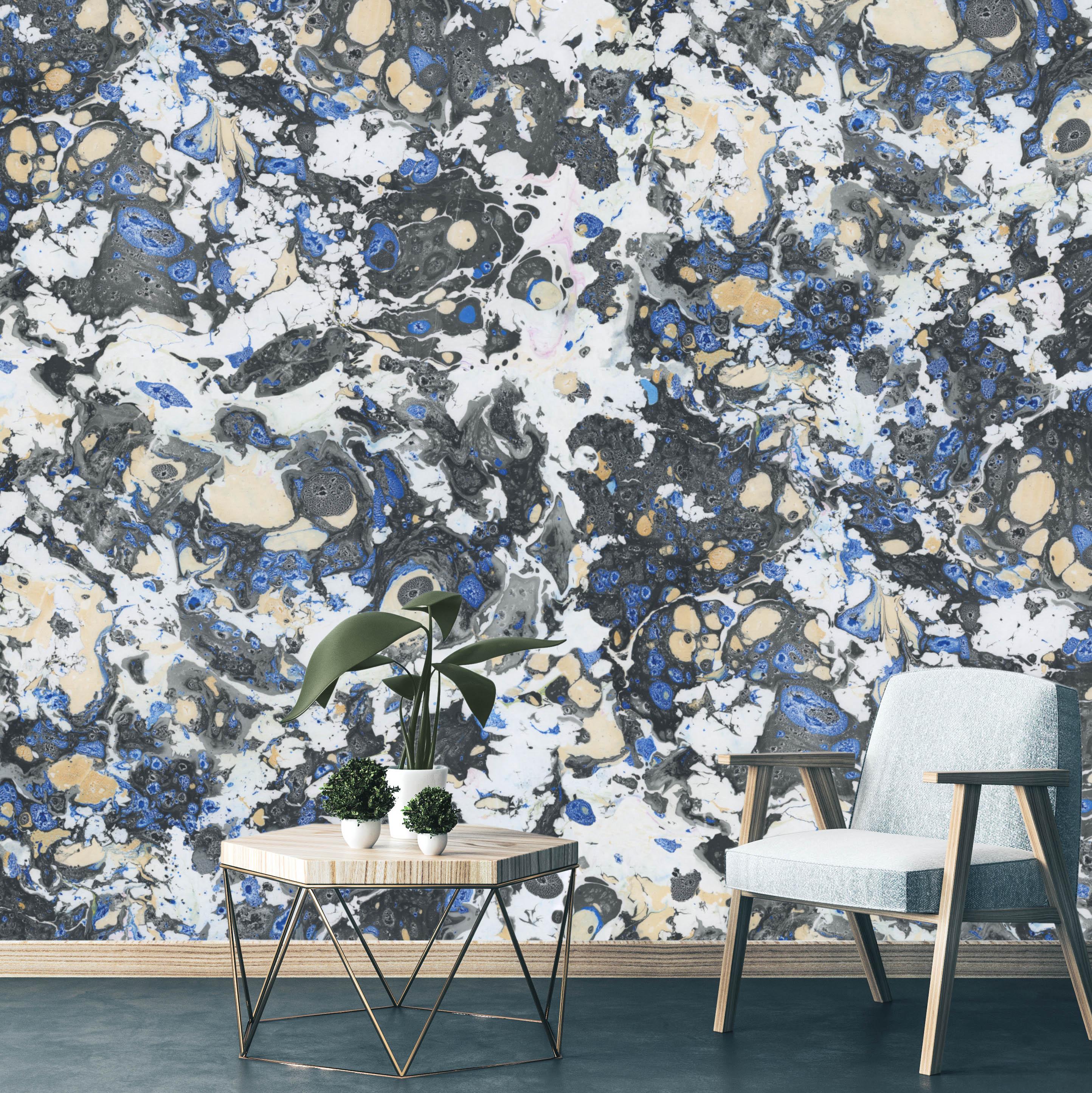 Paper Marbre-Blue Dream-Marble Printed Wallpaper For Sale