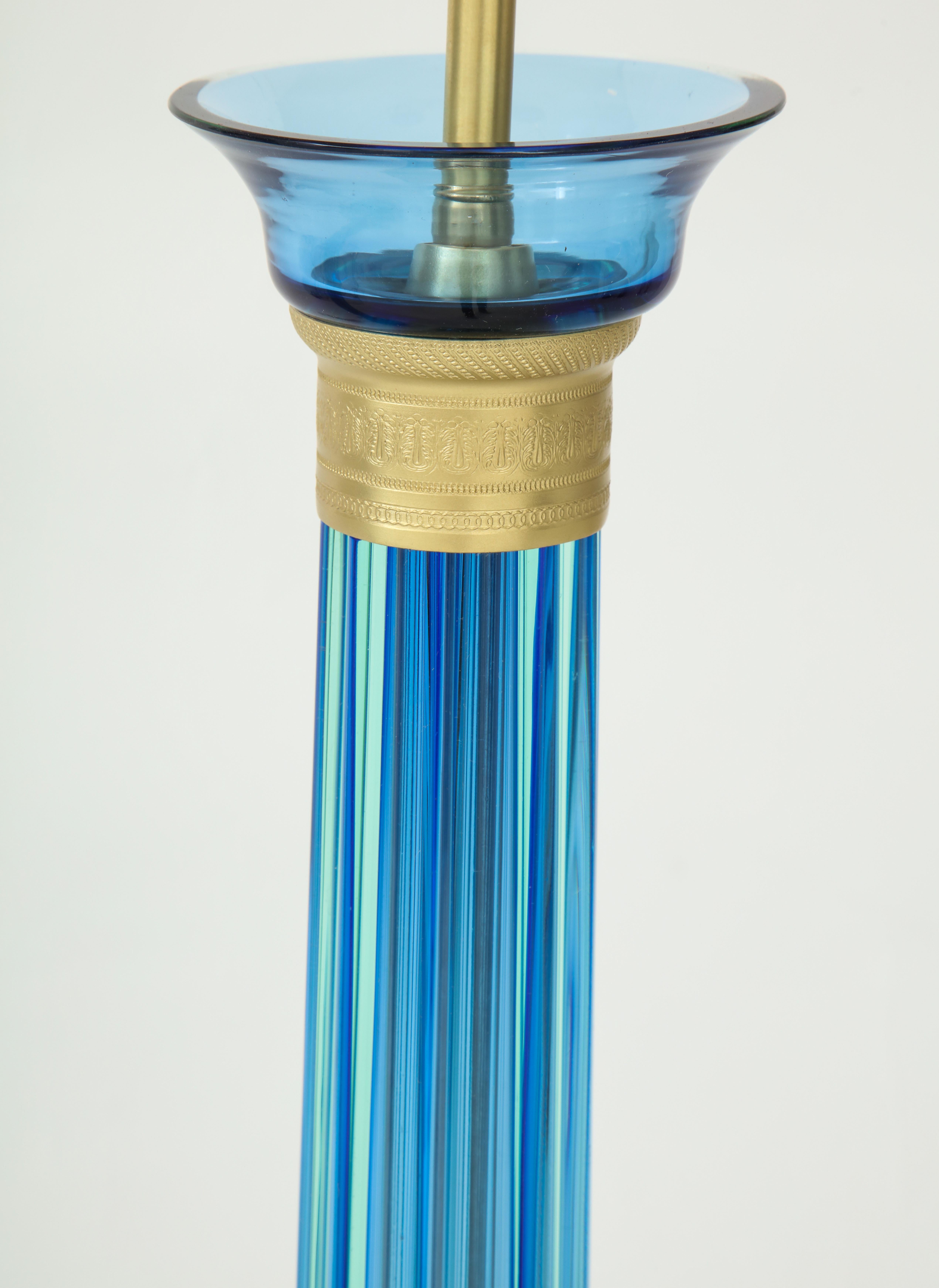 Brass Marbro Caribbean Blue Murano Glass Lamps