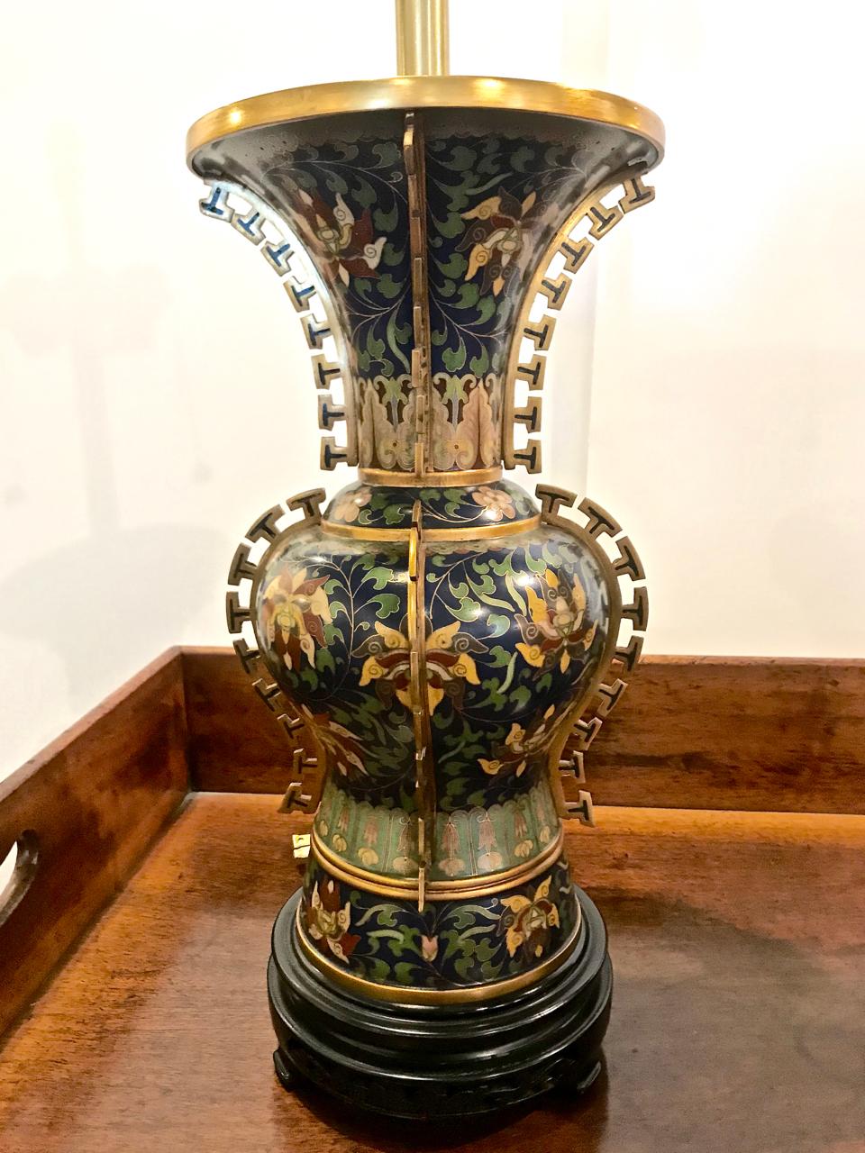 This is a pair of very fine quality deco period Chinese cloisonne and gilt bronze vases that have been fitted as lamps by the renown Marbro Lamp company during the last quarter of the 20th century. The photos detail the quality of the bronze vases