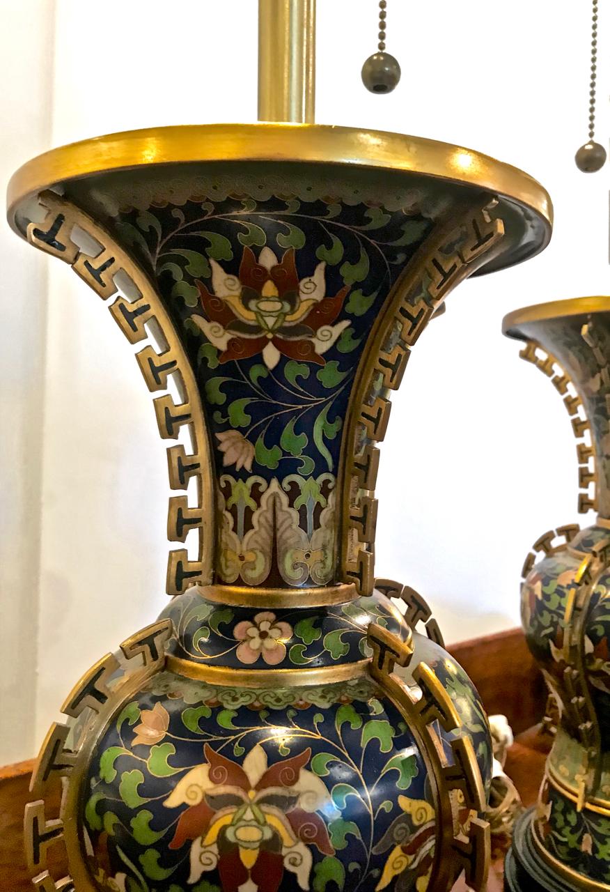 Chinoiserie Marbro Chinese Deco Bronze Cloisonne Lamps