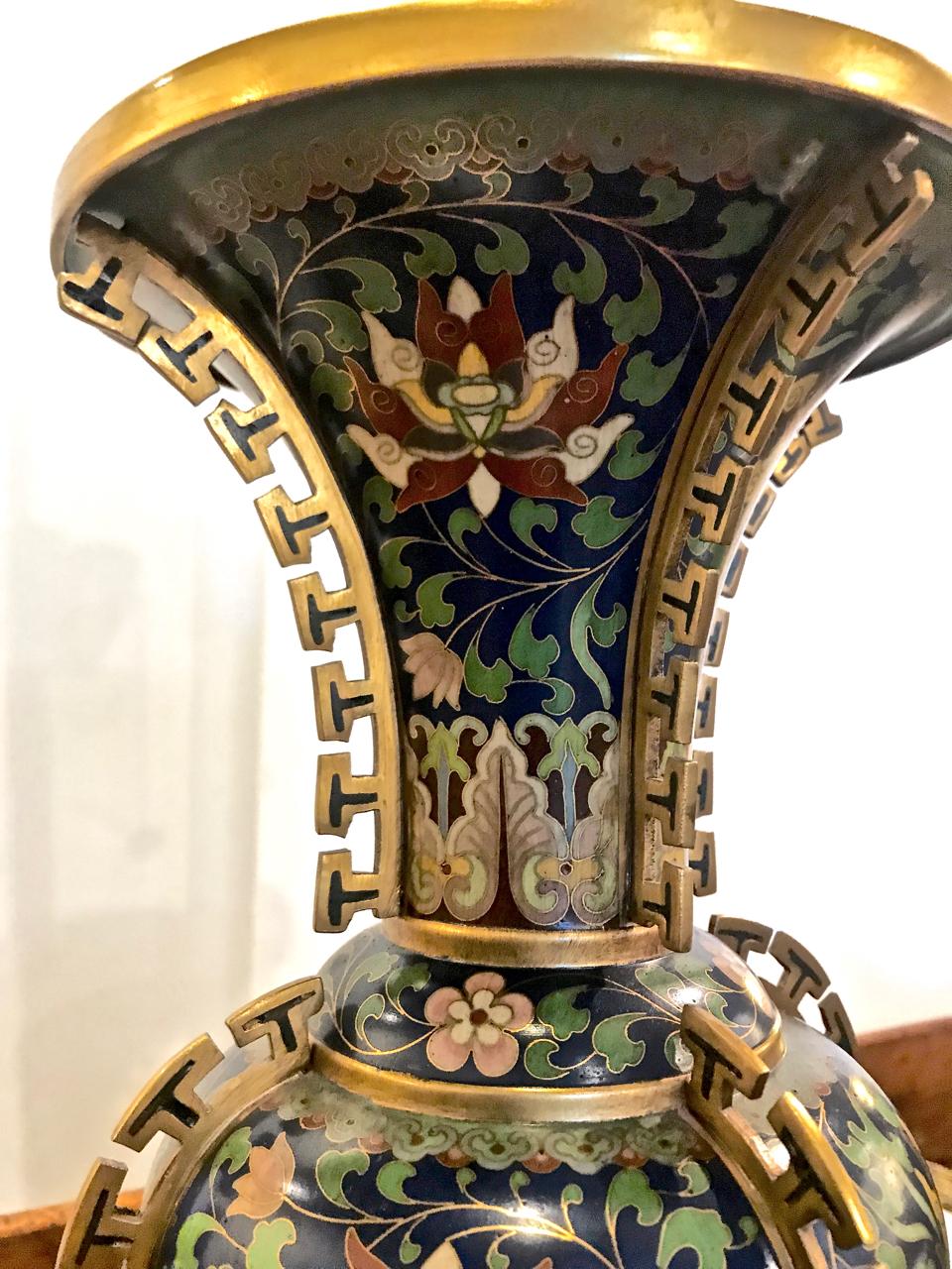 Marbro Chinese Deco Bronze Cloisonne Lamps In Good Condition In Pasadena, CA