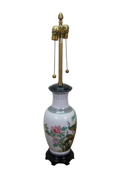 Marbro Chinese Famille Rose Porcelain Peacock Vase 2 Light Pull Chain Lamp 31"