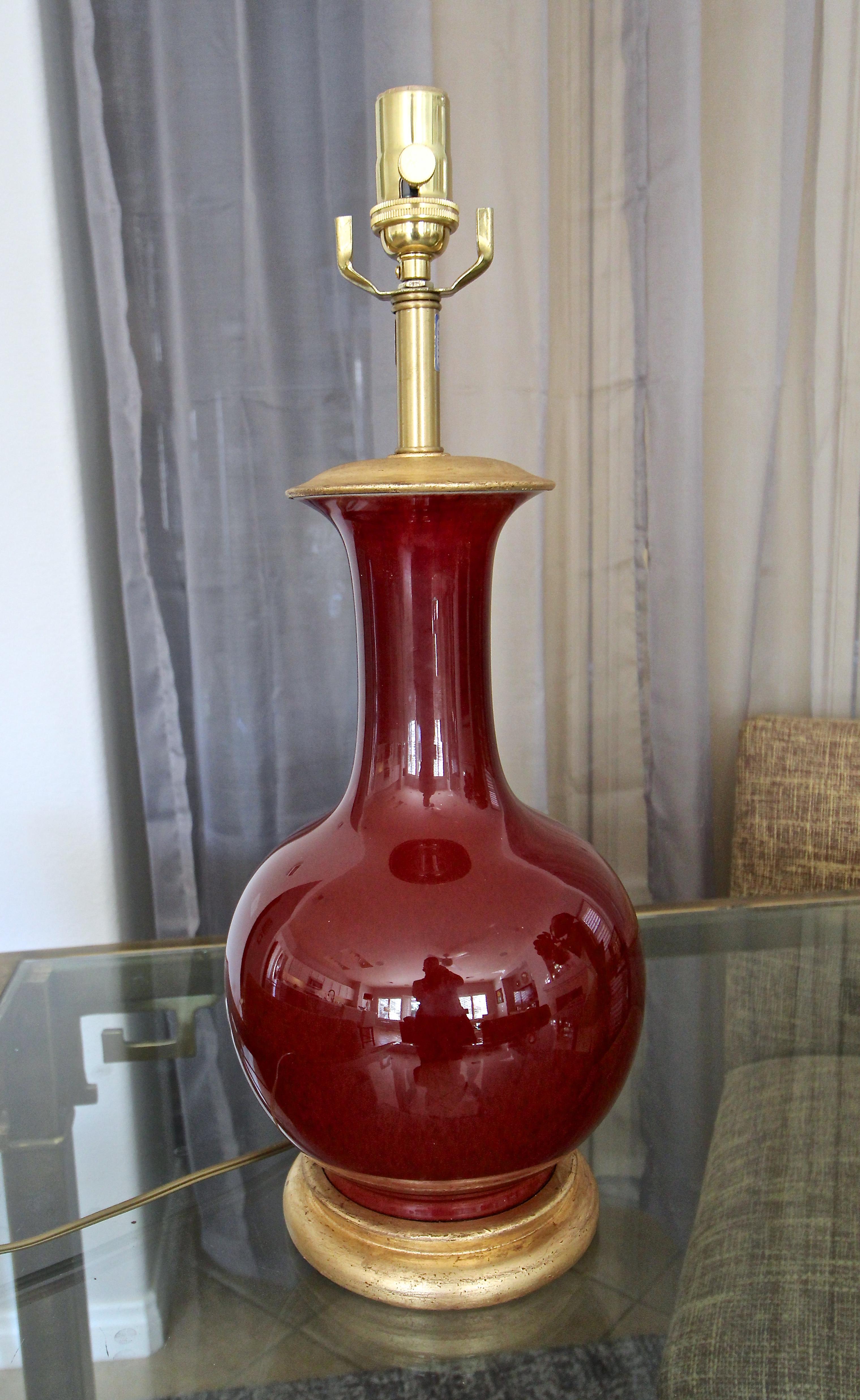 Brass Marbro Chinese Sang De Boeuf Flambé Oxblood Porcelain Table Lamp