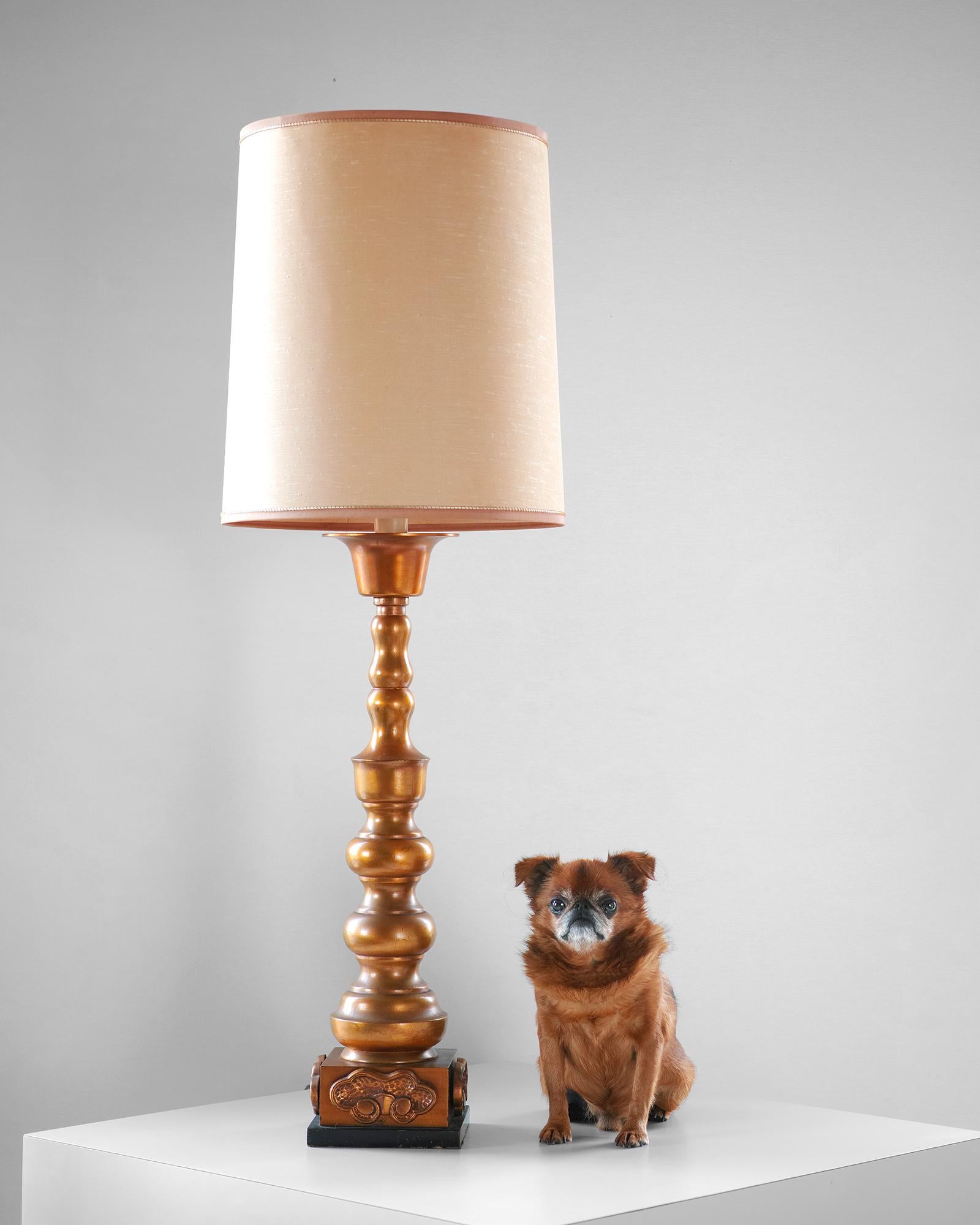 For your consideration is this gilt Chinoiserie lamp by Marbro manufactured in the 1960s. It features the original fabric shade, baluster form base with original gilt finish. At the top of the baluster is a contrasting, flared, ivory-tone element.