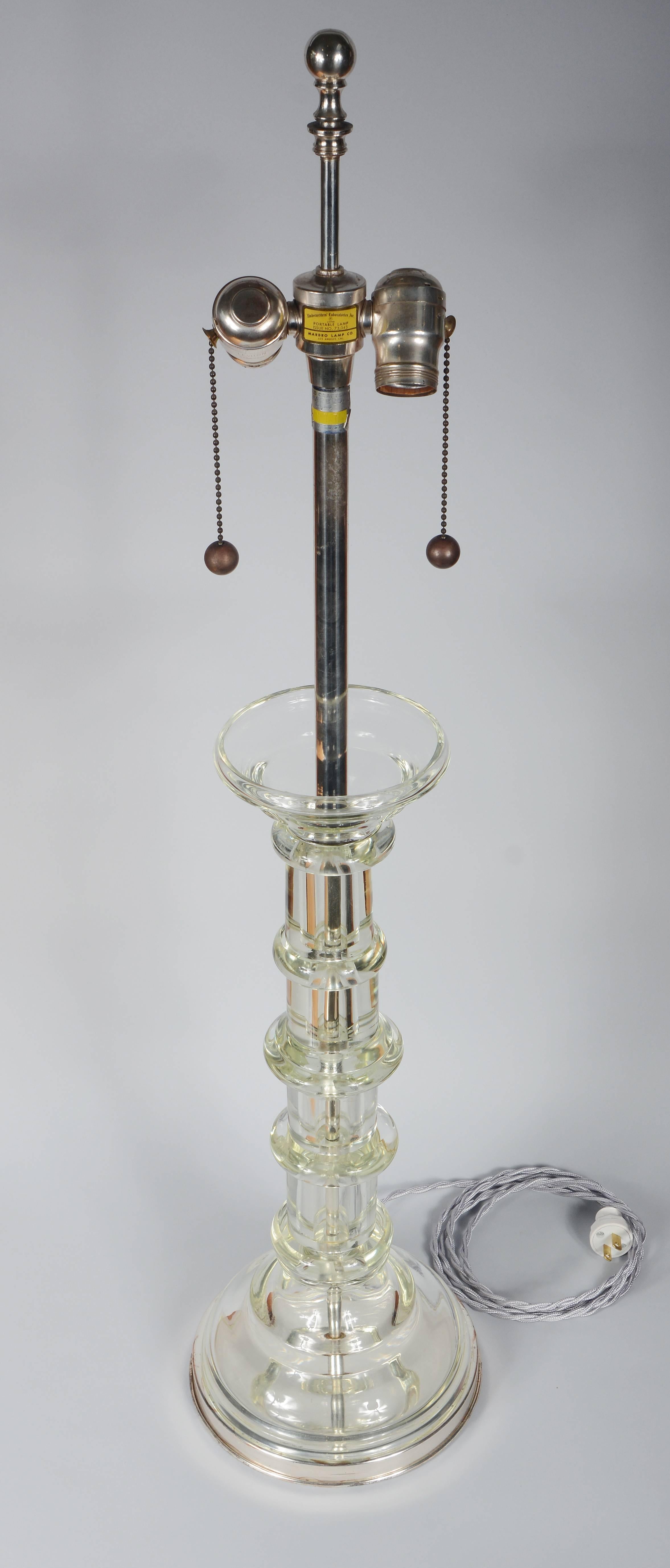 American Marbro Glass Column and Silver Plate Table Lamp