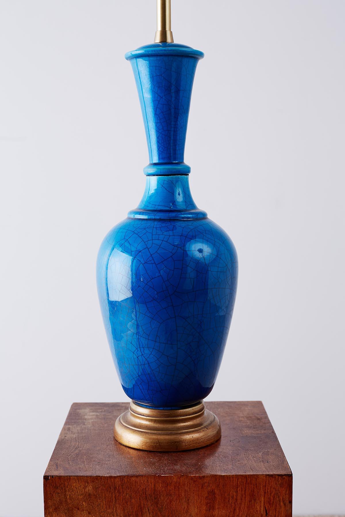 American Marbro Hollywood Regency Blue Glazed Porcelain Lamp