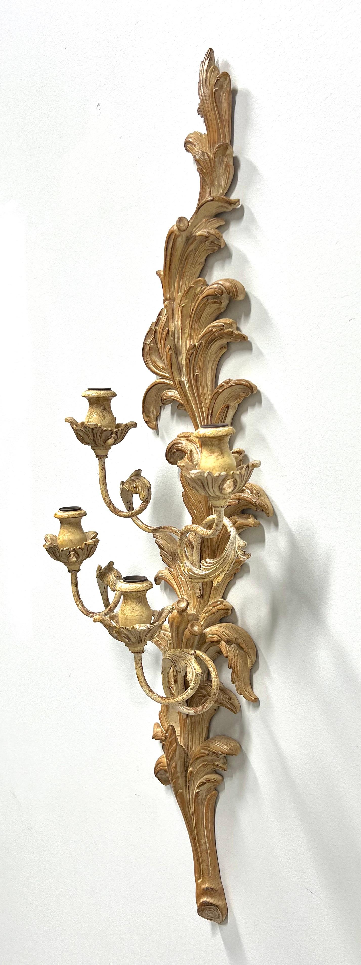 Rococo MARBRO LAMP 1980's Large Whitewashed Wood Foliate Carved Candle Sconce For Sale