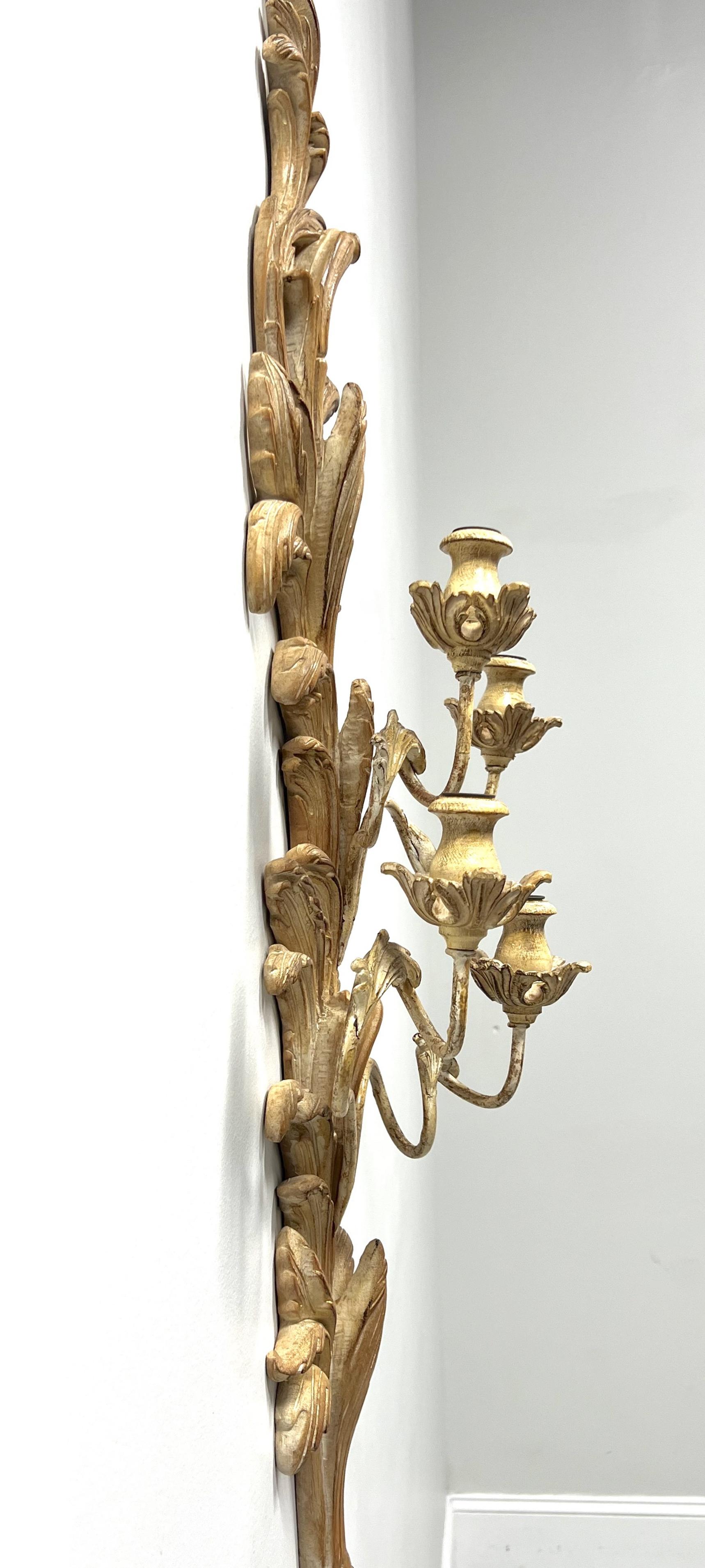 Italian MARBRO LAMP 1980's Large Whitewashed Wood Foliate Carved Candle Sconce For Sale